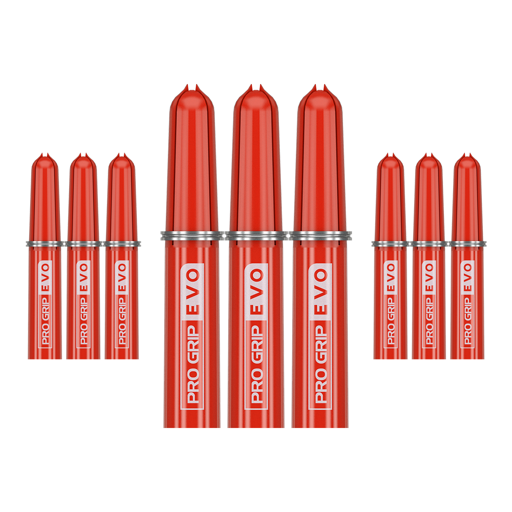 Target Pro Grip EVO vervangende tops (pak van 9) Das Bild zeigt neun rote Ersatztops des Produkts "Target Pro Grip EVO" im 9er Pack. Die Aufschrift "PRO GRIP EVO" ist deutlich auf jedem Top zu sehen.