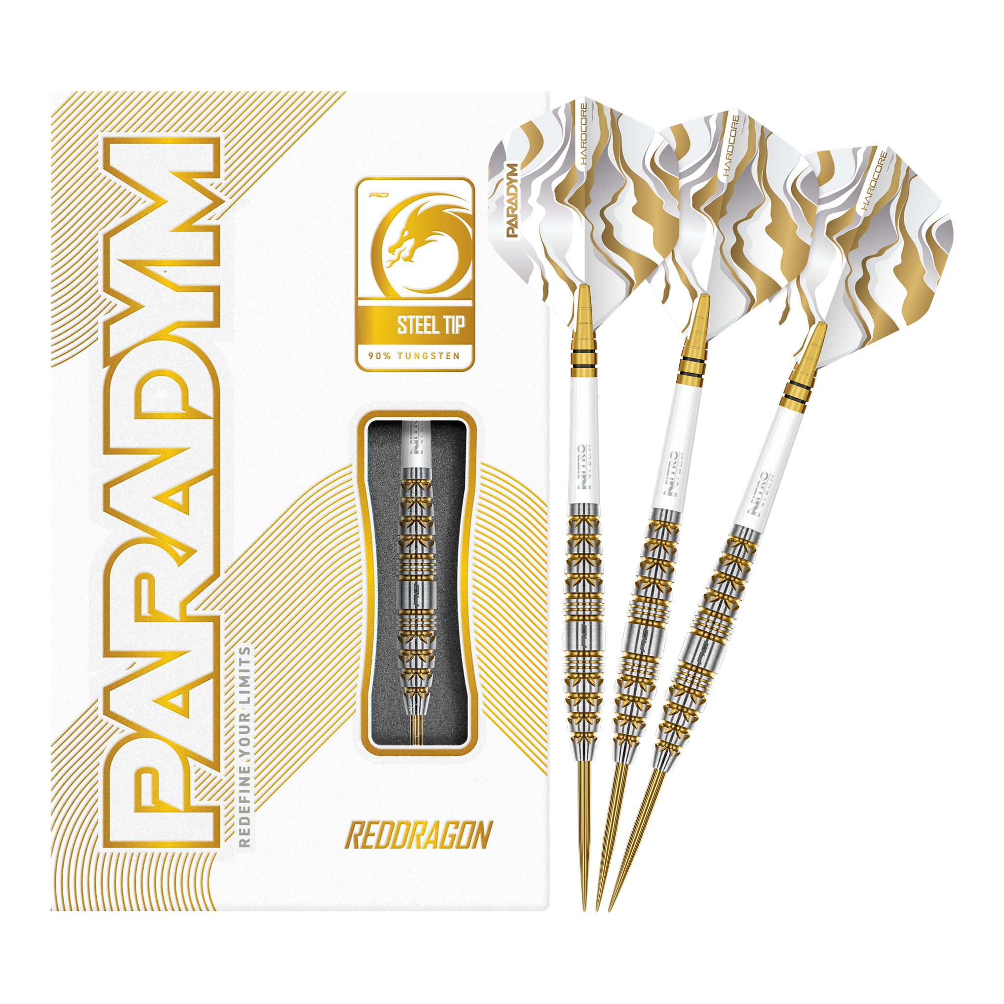 Das Bild zeigt die Red Dragon Paradym Gold Torpedo Steeldarts in vollständiger Ansicht. Es sind elegante Steeldarts mit goldener Oberfläche.