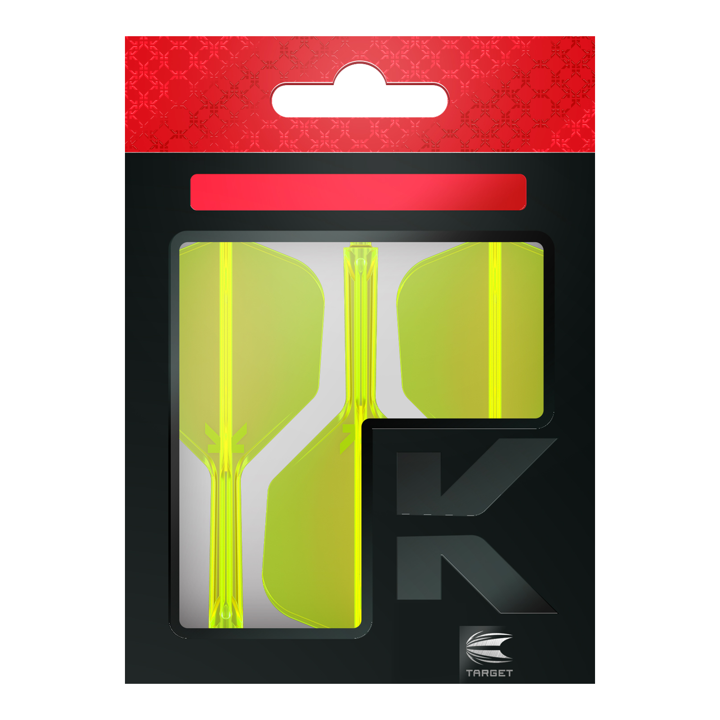 Target K-Flex No6 Vluchtsysteem - Neon Geel Die Abbildung zeigt eine Verpackung mit neon-gelben Dartflights. Die Verpackung ist überwiegend schwarz mit einem roten Bereich oben und dem Logo „TARGET“ unten rechts.
