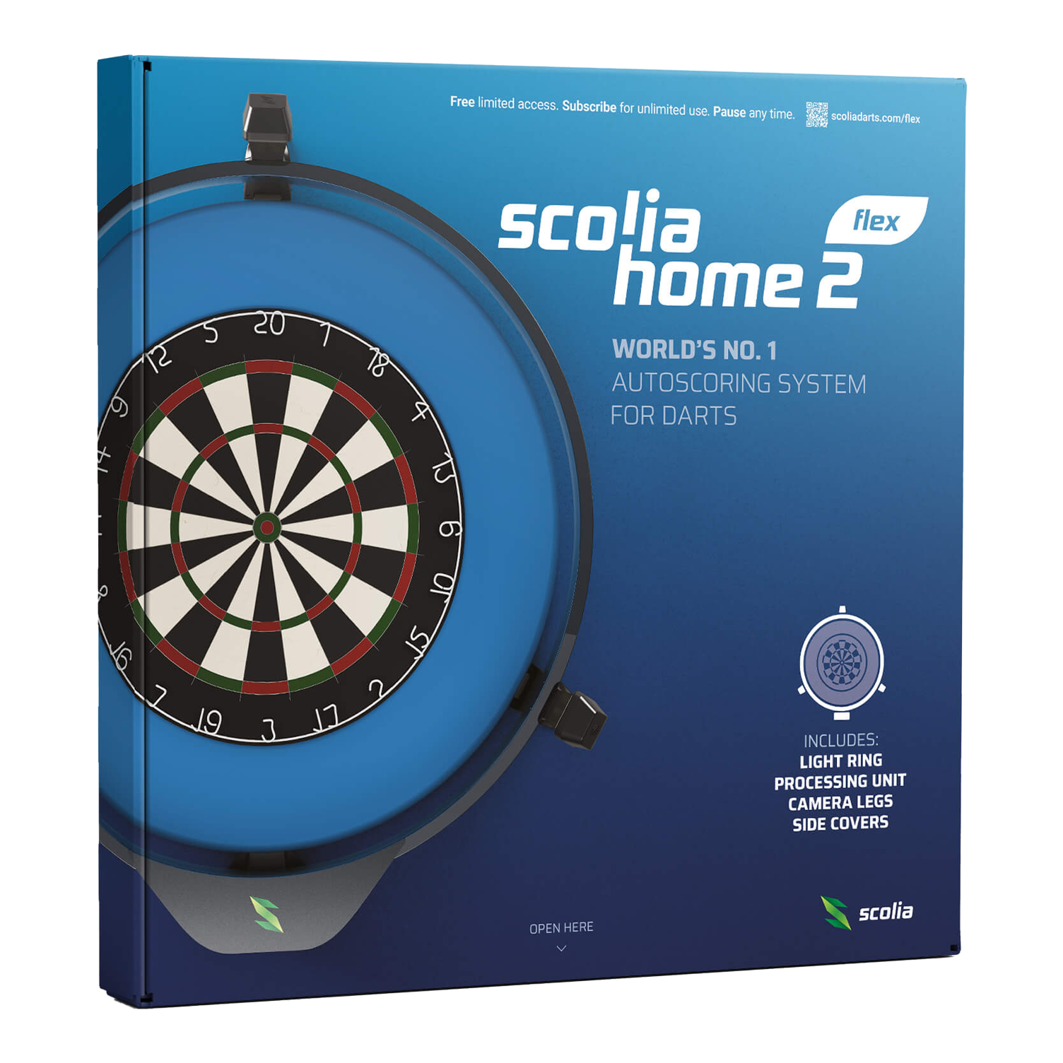 Scolia Home 2 FLEX - Elektronisch autoscoringsysteem met verlichtingsring 2026 Die Verpackung zeigt das Produkt "Scolia Home 2 FLEX", ein elektronisches Punktesystem für Darts mit Beleuchtungsring. Auf der Vorderseite sind eine Abbildung eines Dartboards und Informationen zu den enthaltenen Komponenten zu sehen.