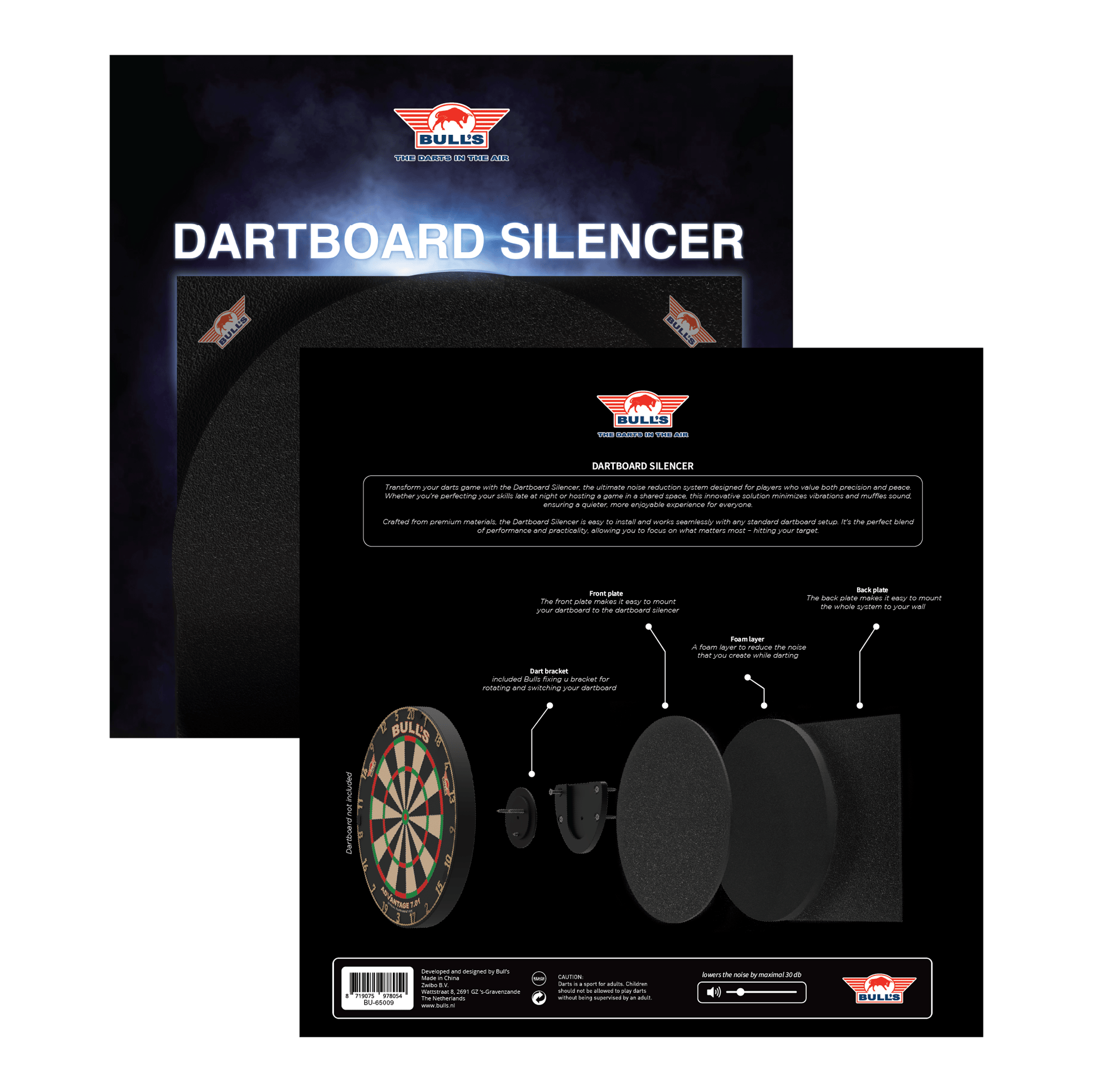 Bulls NL Dartbord Silencer Das Bild zeigt das Produkt "Bulls NL Dartboard Silencer" in seiner Verpackung. Auf der Rückseite ist eine Grafik abgebildet, die die einzelnen Komponenten und deren Funktionen erklärt.