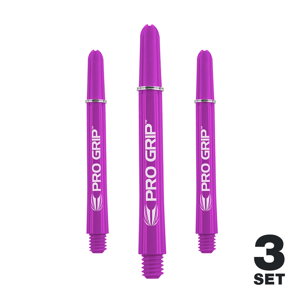 Target Pro Grip Shafts - 3 sets - Paars Das Bild zeigt drei lila Dartschäfte der Marke "Pro Grip". In der rechten unteren Ecke steht "3 Set".