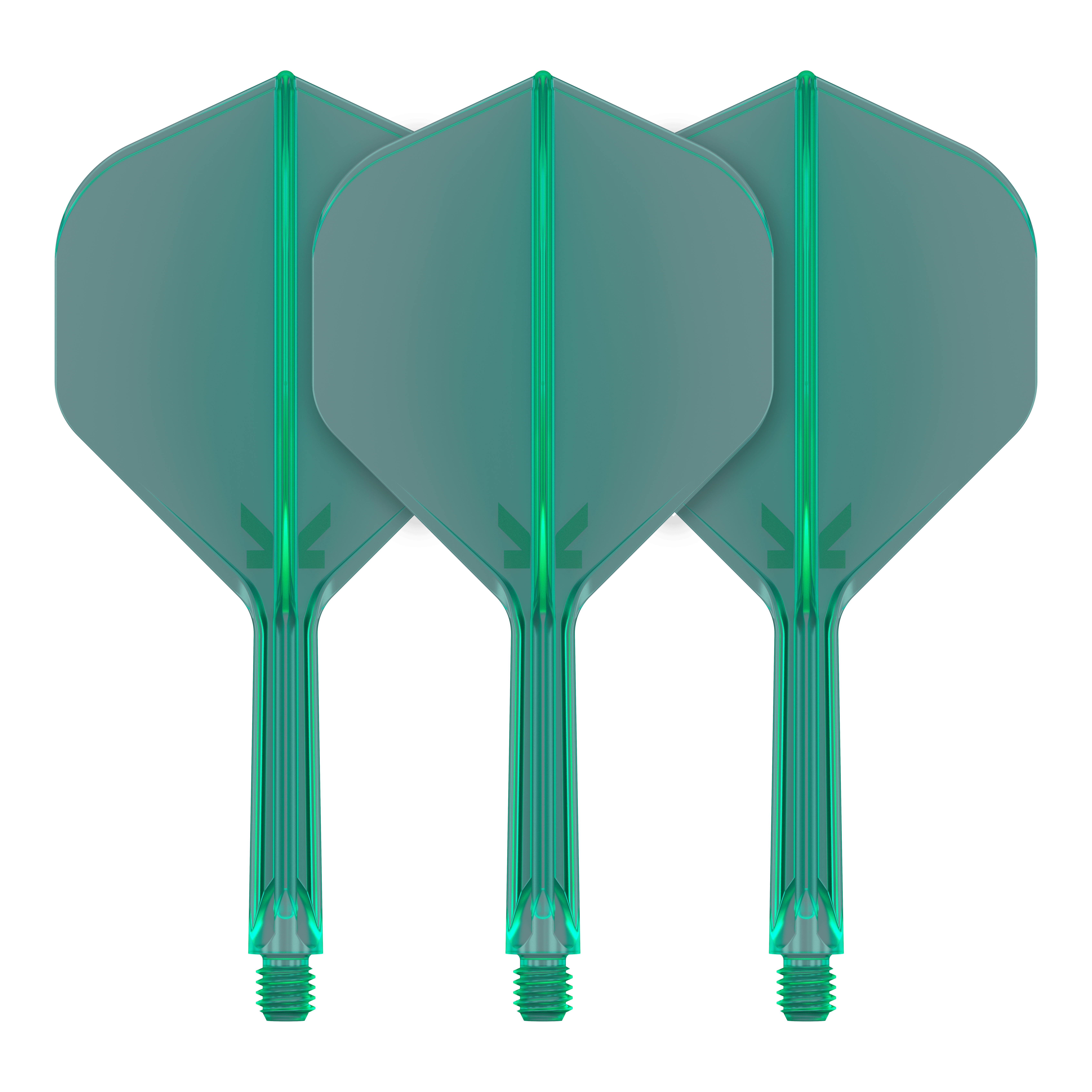 Target K-Flex No2 Standaard Vluchtsysteem - Groen Das Bild zeigt drei grüne Dartflights mit angebauten Schäften. Sie sind gleichmäßig angeordnet und weisen ein schlichtes, modernes Design auf.