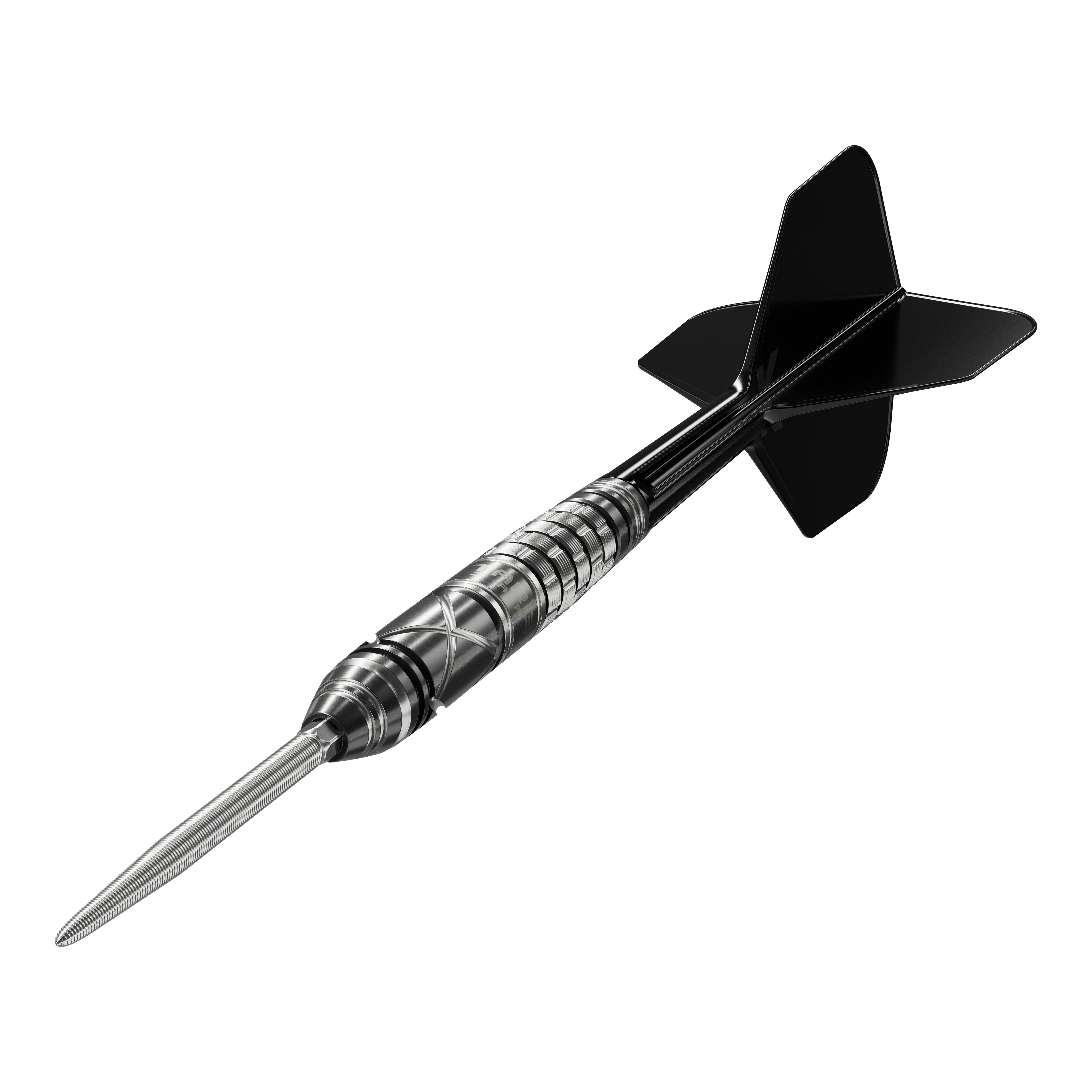 Das Bild zeigt einen Target Japan Black Marque Chaos 2 SP Steeldart. Der Dart hat ein elegantes, schwarzes Design mit präzisen Rillen am Griff.