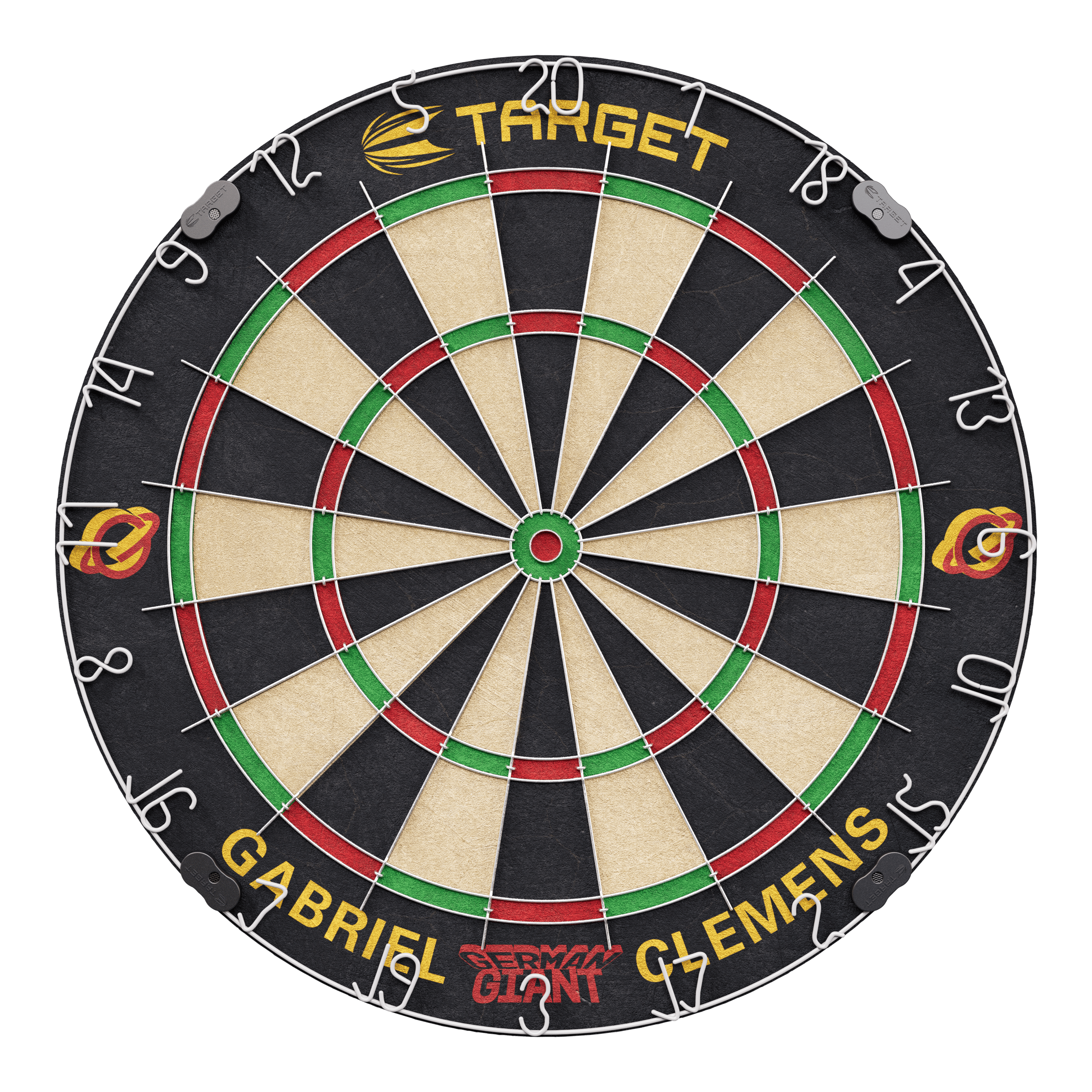 Dies ist das "Target Gabriel Clemens Kabinet Dartboard Set". Das Dartboard zeigt den Namen "Gabriel Clemens" sowie das Logo von Target.