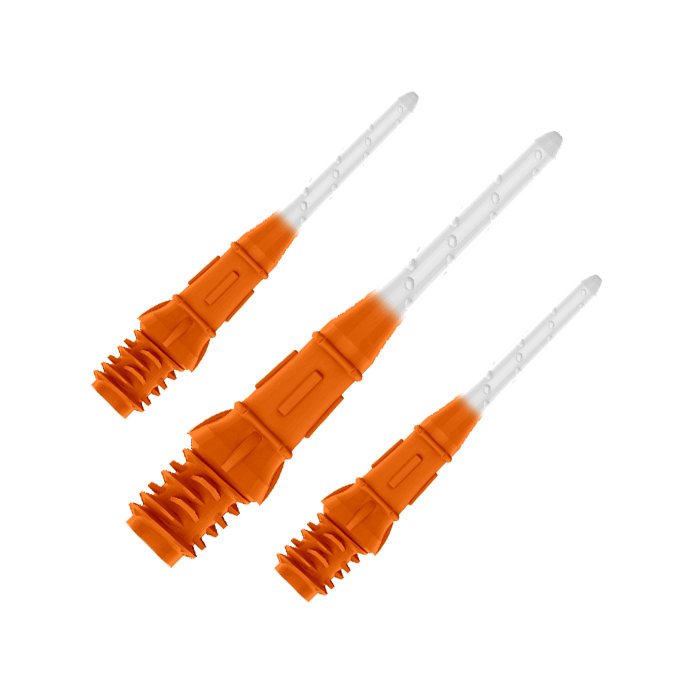 L-Style Premium Two Tone Lippoints (verpakking van 30) Das Bild zeigt drei orange-weiße Dartspitzen in einer Reihe. Die Spitzen sind zum Teil orange und werden nach vorne hin durchsichtig.