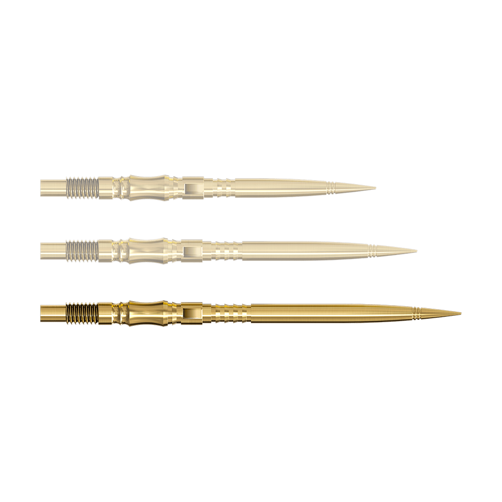 Eine einzelne Dartspitze in Gold ist von nahe gezeigt. Die Spitze ist nach rechts ausgerichtet.