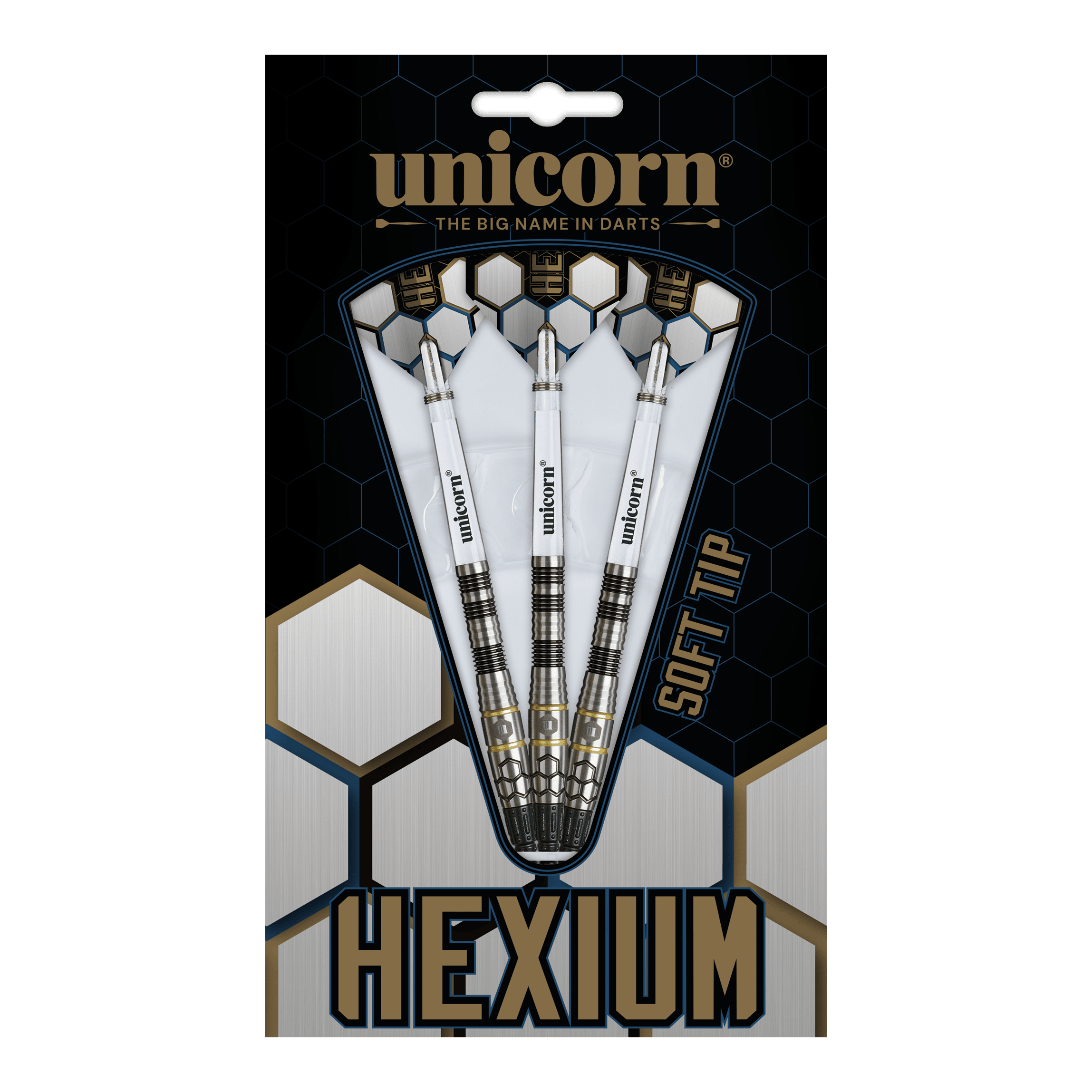 Unicorn Hexium Style 01 Zwart & Goud Soft Darts - 22g Abgebildet sind Unicorn Hexium Style 01 Black & Gold Softdarts mit 22 Gramm. Diese Softdarts haben ein auffälliges Schwarz-Gold-Design.