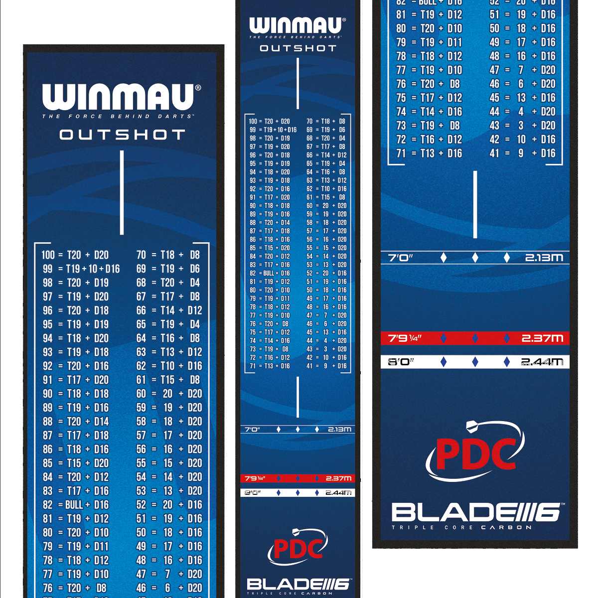Winmau Outshot Dartmat Das Bild zeigt die Winmau Outshot Dartmatte 2024 in Blau mit Tabellen für Checkout-Werte beim Dartspiel. Unten auf der Matte sind Markierungen für verschiedene Distanzen und das PDC-Logo zu sehen.