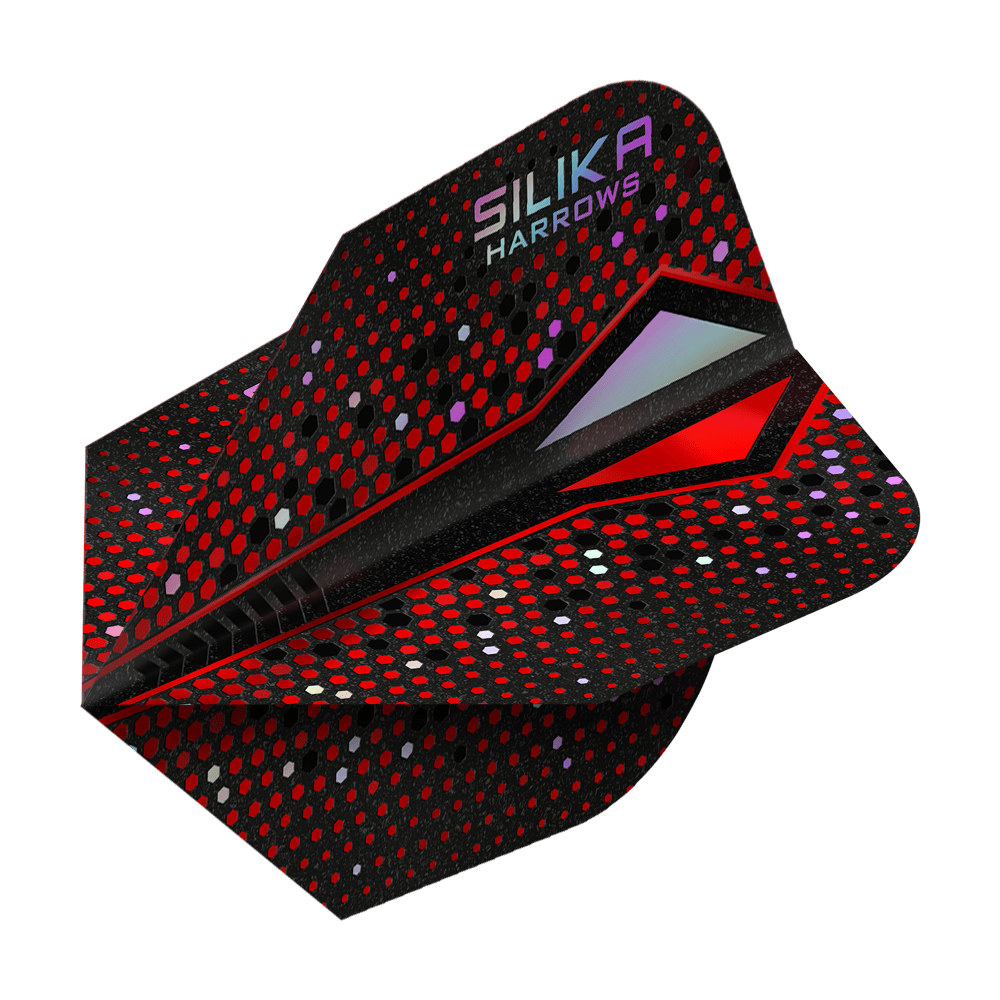 Harrows Silika Colourshift Tough Crystalline Coating Rood-X No6 Vluchten Das Bild zeigt das Produkt "Harrows Silika Colourshift Tough Crystalline Coating Red-X No6 Flights". Die Dart-Flights sind überwiegend schwarz mit roten und bunten Punkten und haben einen modernen, glänzenden Look.