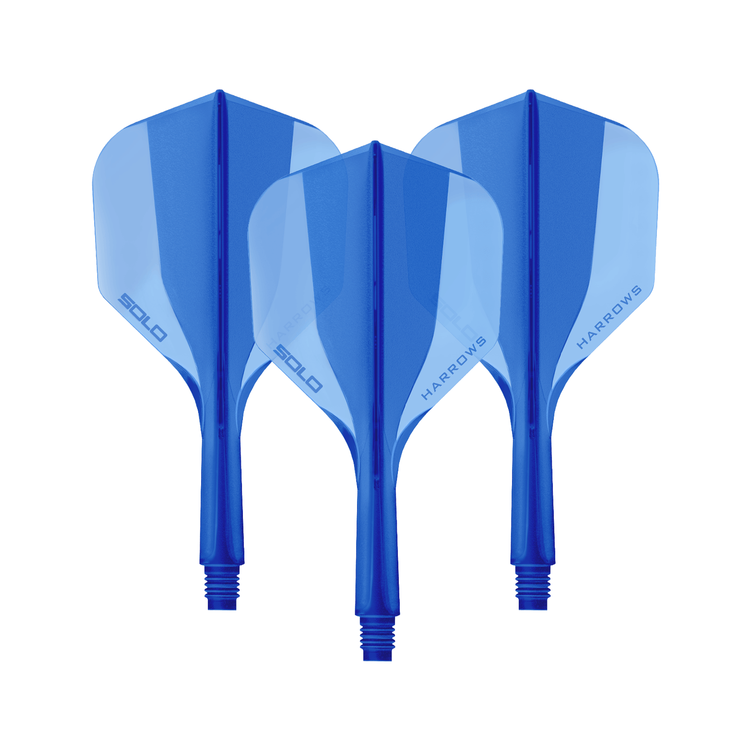 Das Bild zeigt ein Harrows Solo No6 Flight Shaft System in Blau, 20mm, als Set. Es handelt sich um Zubehör für Dartpfeile.