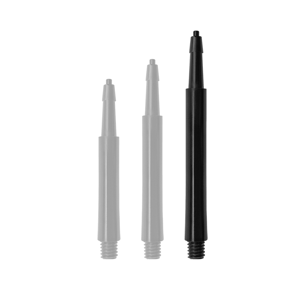 HRC12619_Harrows_Clic_Standard_Shafts_Schwarz_37mm_1QaDcgvy5x2bFt Das Bild zeigt drei schwarze Harrows Clic Standard Shafts in unterschiedlicher Länge. Sie sind als Zubehörteile für Dartpfeile gedacht.