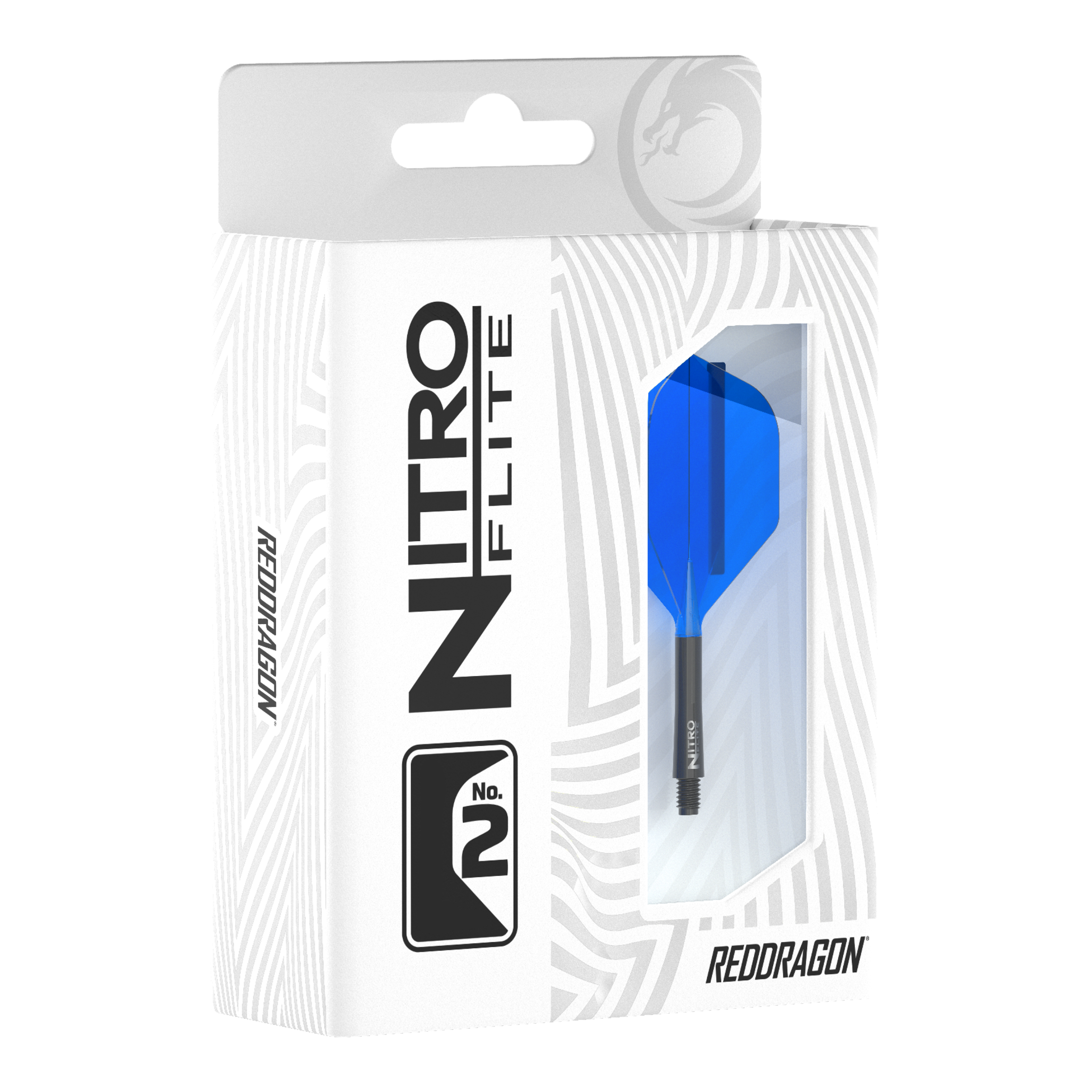 Red Dragon Nitroflite - Zwarte schacht Blauwe nr. 2 vluchten Die Verpackung zeigt das Produkt "Red Dragon Nitroflite - Black Shaft Blue No2 Flights". Im Sichtfenster ist ein blauer Dart-Flügel mit schwarzem Schaft zu sehen.