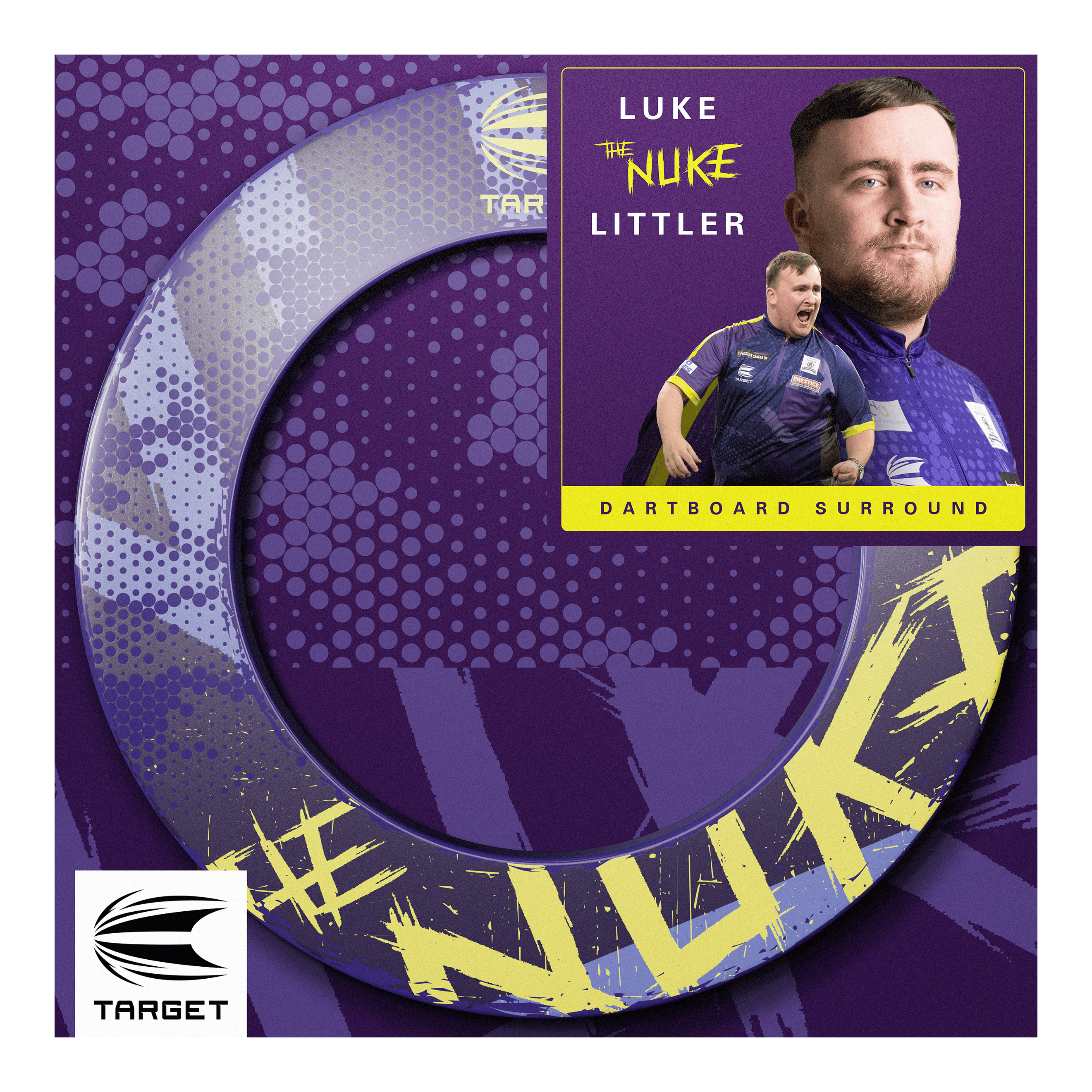Target Luke Littler De Nuke Dartbord Surround Das Bild zeigt das Produkt "Target Luke Littler The Nuke Dartboard Surround" in lila und gelben Farben. Auf der Verpackung sind Fotos von Luke Littler sowie das Target-Logo abgebildet.
