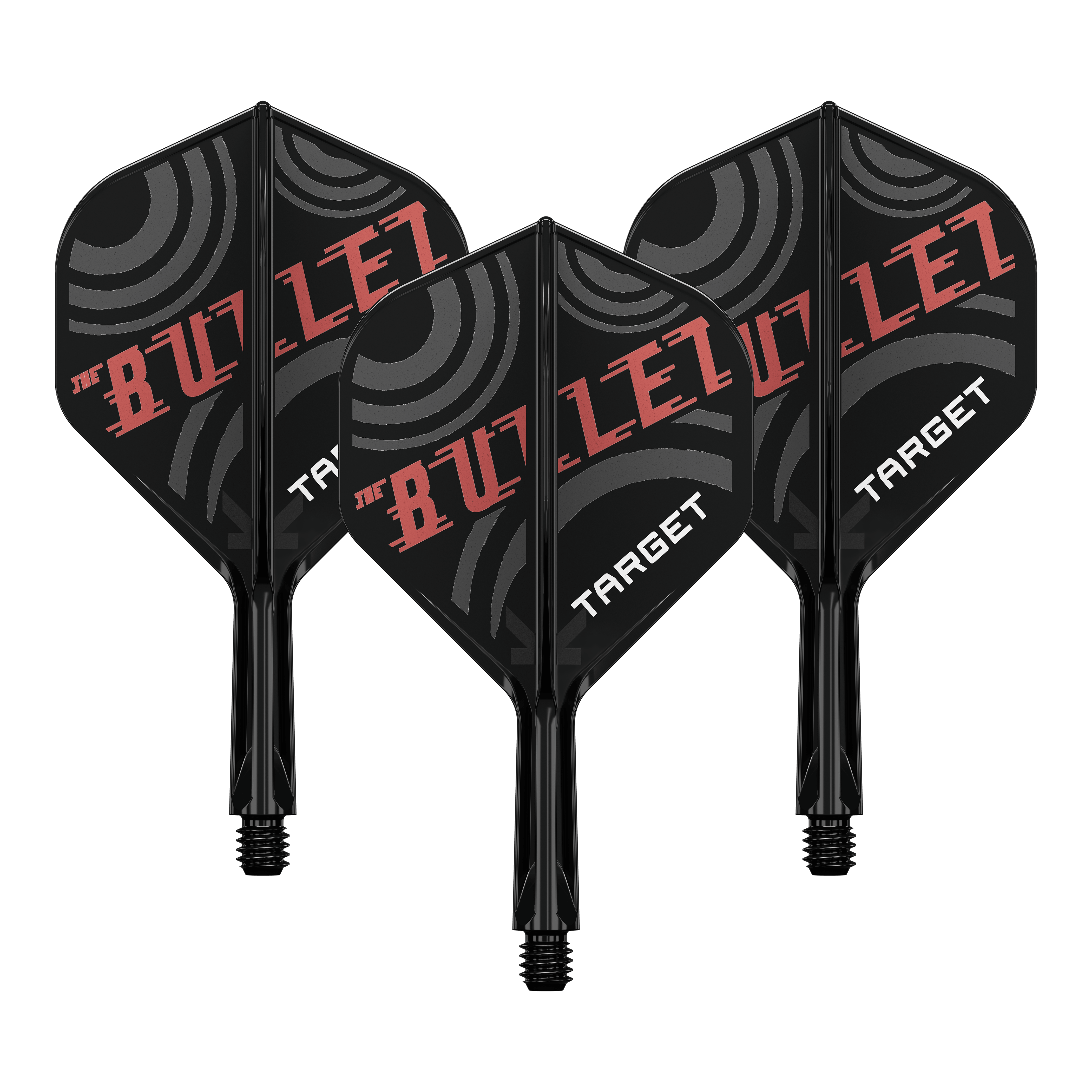 Target K-Flex Stephen Bunting No2 Standaard Vlucht Shaft Systeem Bild zeigt ein Dart-Flight Set mit der Bezeichnung 'Target K-Flex Stephen Bunting No2 Standard Flights 19mm 1Set'. Es ist ein Zubehör für Dartscheiben und Spieler.