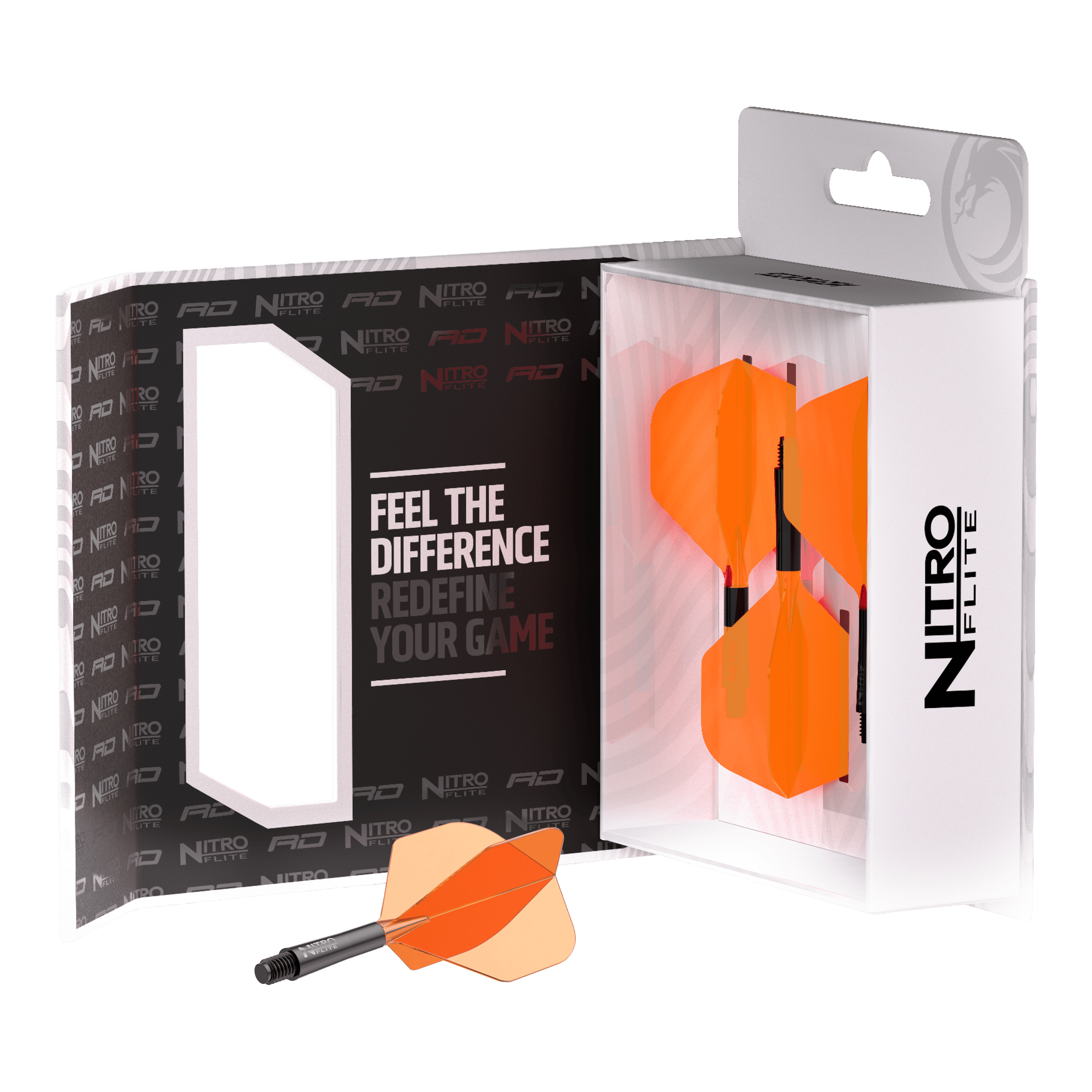 Red Dragon Nitroflite zwarte schacht oranje flights nr. 2 Dieses Bild zeigt den Red Dragon Nitroflite Black Shaft Orange Flights No2. Der Dart-Schaft hat schwarze und orange Details.