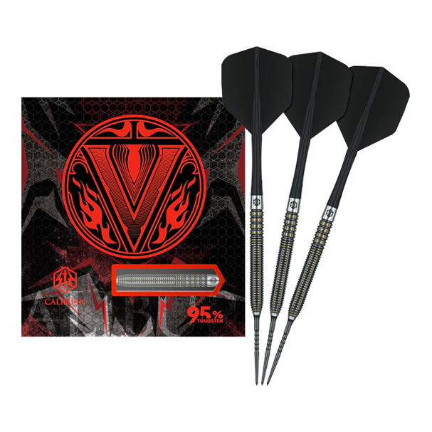 Caliburn V-Series V2 stalen darts Das Bild zeigt Caliburn V-Series V2 Steeldarts in voller Ansicht. Diese Steeldarts eignen sich für ambitionierte Spieler.
