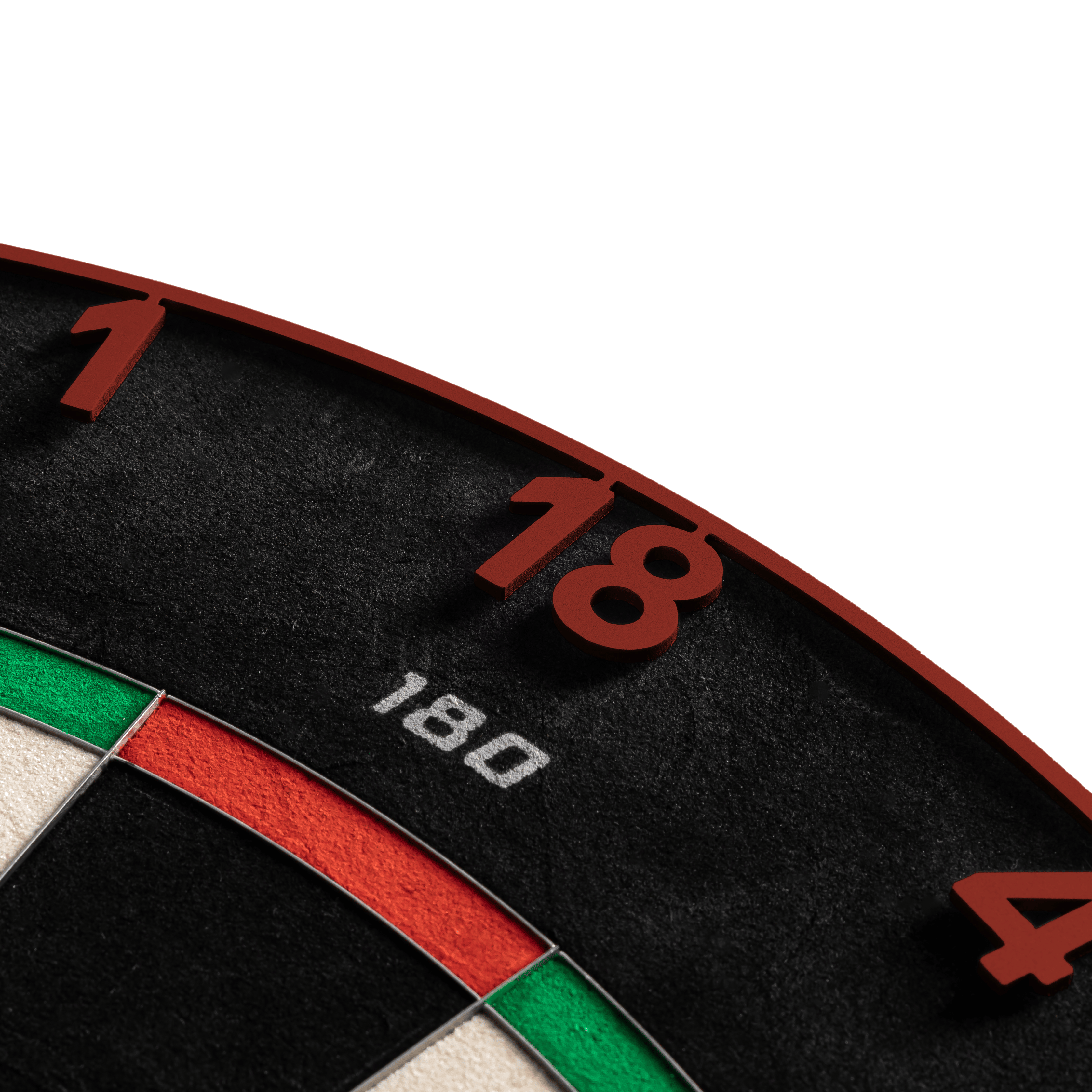Precise 180 Endorphine Steel Dartbord met genummerde ring - Vervaagd rood Gezeigt wird das Precise 180 Endorphine Steeldartboard mit Nummernring in Faded Red. Das Bild beschreibt das Produkt für den Dartbereich.