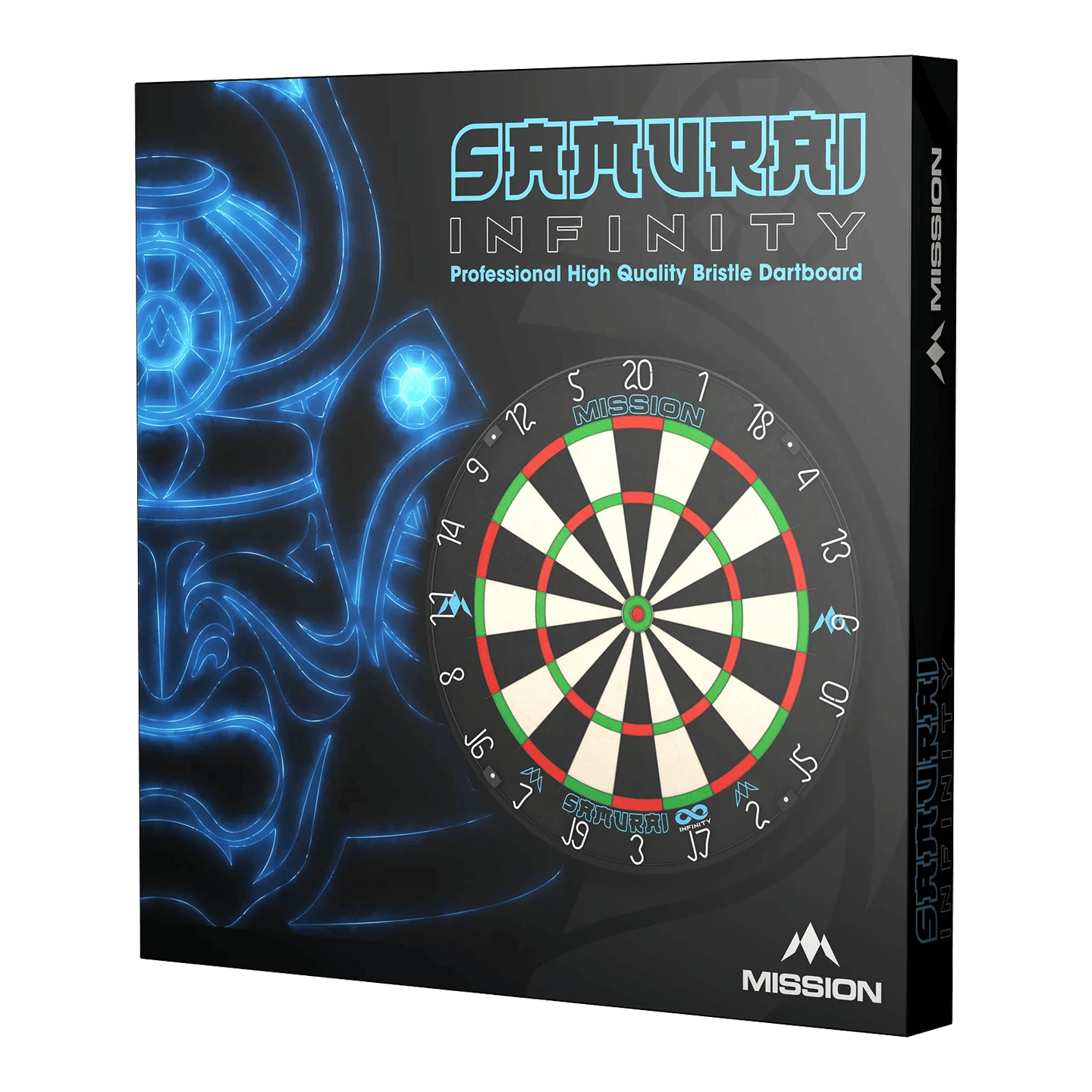 Mission Samurai Infinity stalen dartbord Auf dem Bild ist die Verpackung des "Mission Samurai Infinity Steeldartboard" zu sehen. Die Box zeigt eine Abbildung eines Dartboards und ein leuchtendes Samurai-Motiv im Hintergrund.
