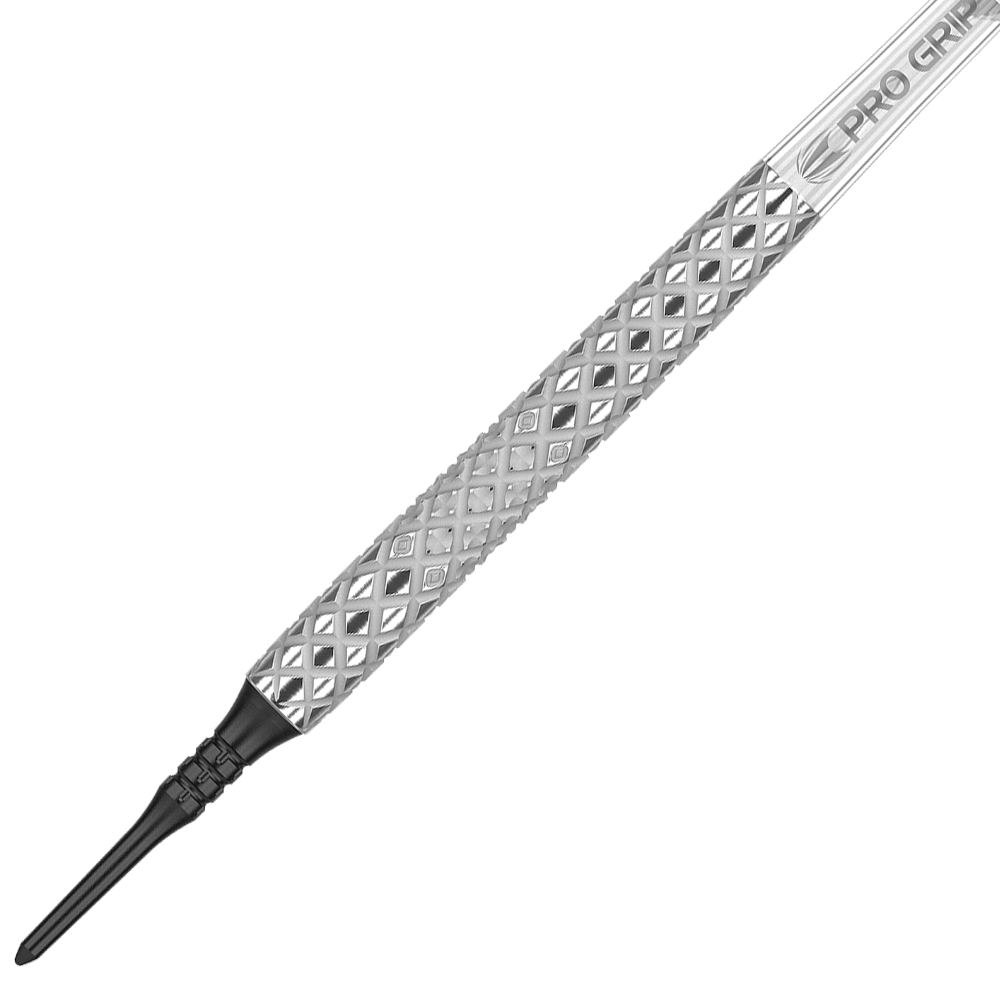 Target Nastri 11 zachte darts Das Bild zeigt einen Target Nastri 11 Softdart mit einer silbernen, rautenförmig gemusterten Griff-Fläche. Die Dartspitze ist schwarz und der Schaft trägt die Aufschrift "PRO GRIP".
