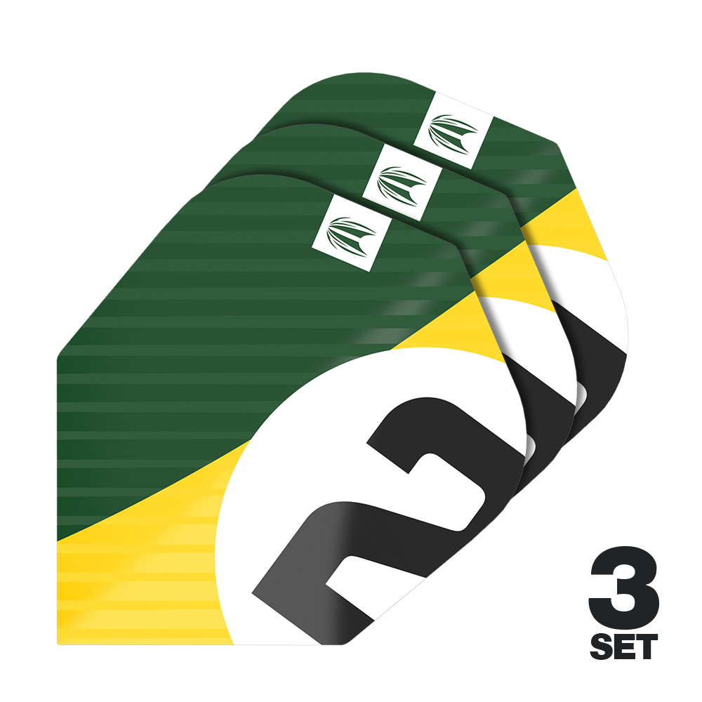 Target Pro Ultra Chicane Groen No6 Flights - 3 sets Das Bild zeigt drei Sätze der Target Pro Ultra Chicane Green No6 Flights. Die Flights sind in den Farben Grün, Gelb, Weiß und Schwarz gestaltet.