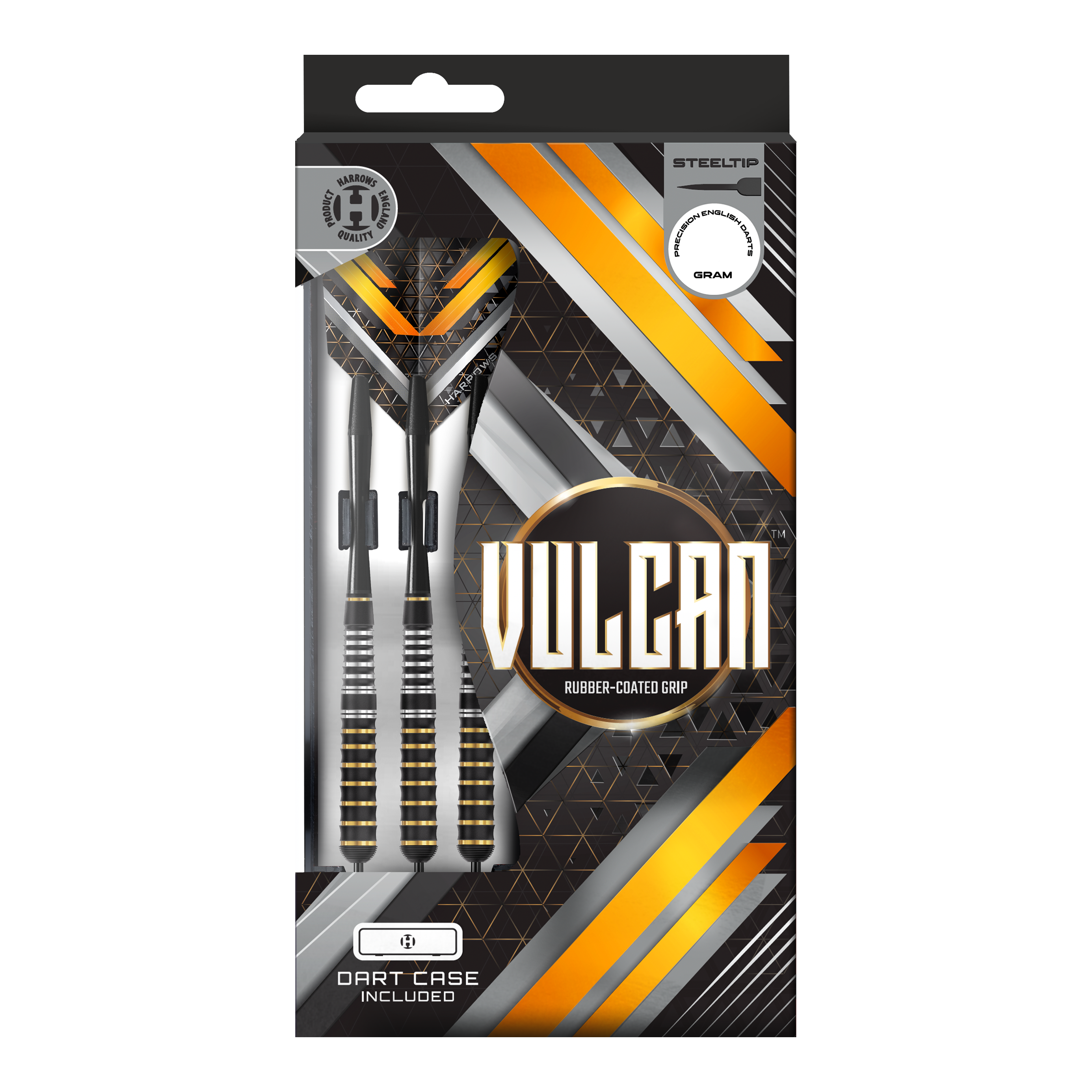 Harrows Vulcan stalen darts Das Bild zeigt Harrows Vulcan Steeldarts. Die hochwertige Verarbeitung ist deutlich sichtbar.