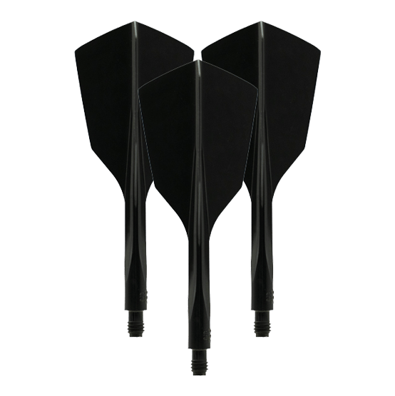 Condor Axe 120 Flight-System Black - Narrow Das Bild zeigt drei schwarze, schmale Dartflights des Modells "Condor Axe 120 Flight-System". Sie sind nebeneinander mit der Spitze nach unten ausgerichtet.