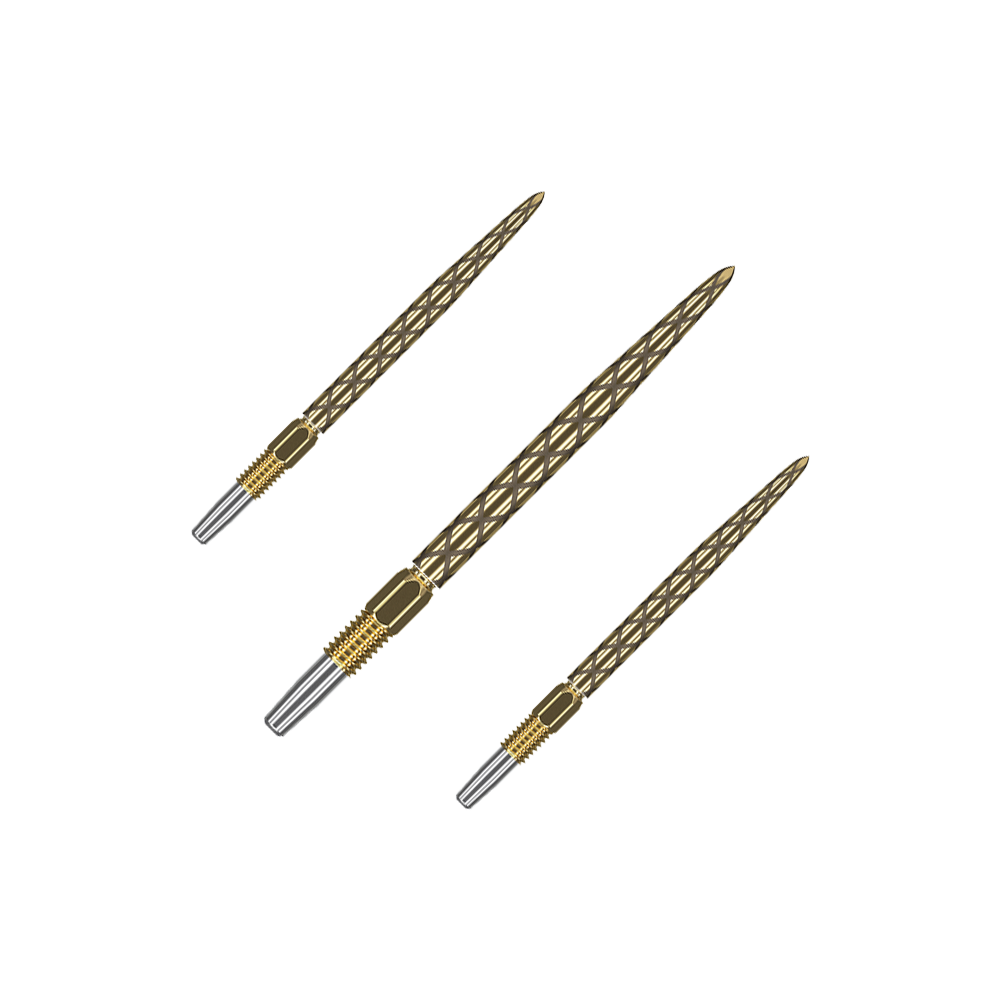 Target Swiss Diamond Pro Gold dartpunten Das Bild zeigt drei goldfarbene Dartspitzen mit einem rautenförmigen Muster. Sie liegen nebeneinander auf einem grünen Hintergrund.