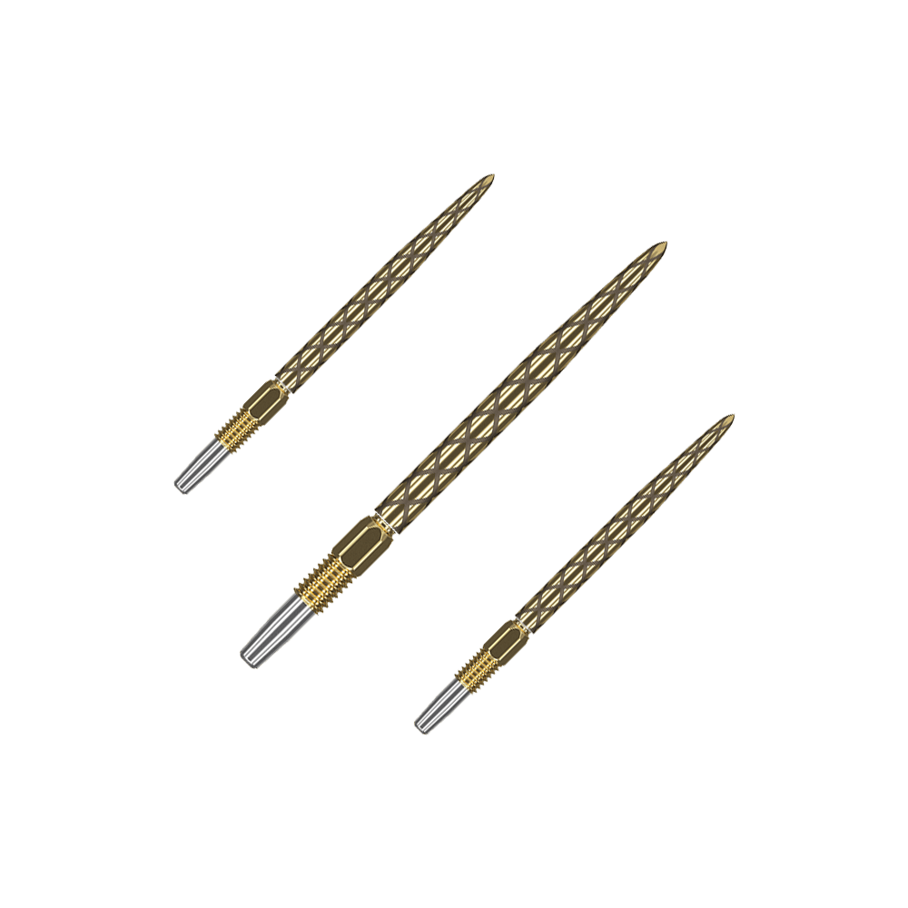 Target Swiss Diamond Pro Gold dartpunten Goldene Dartspitzen mit matter Struktur liegen nebeneinander. Das Set ist auf einem hellen Hintergrund platziert.