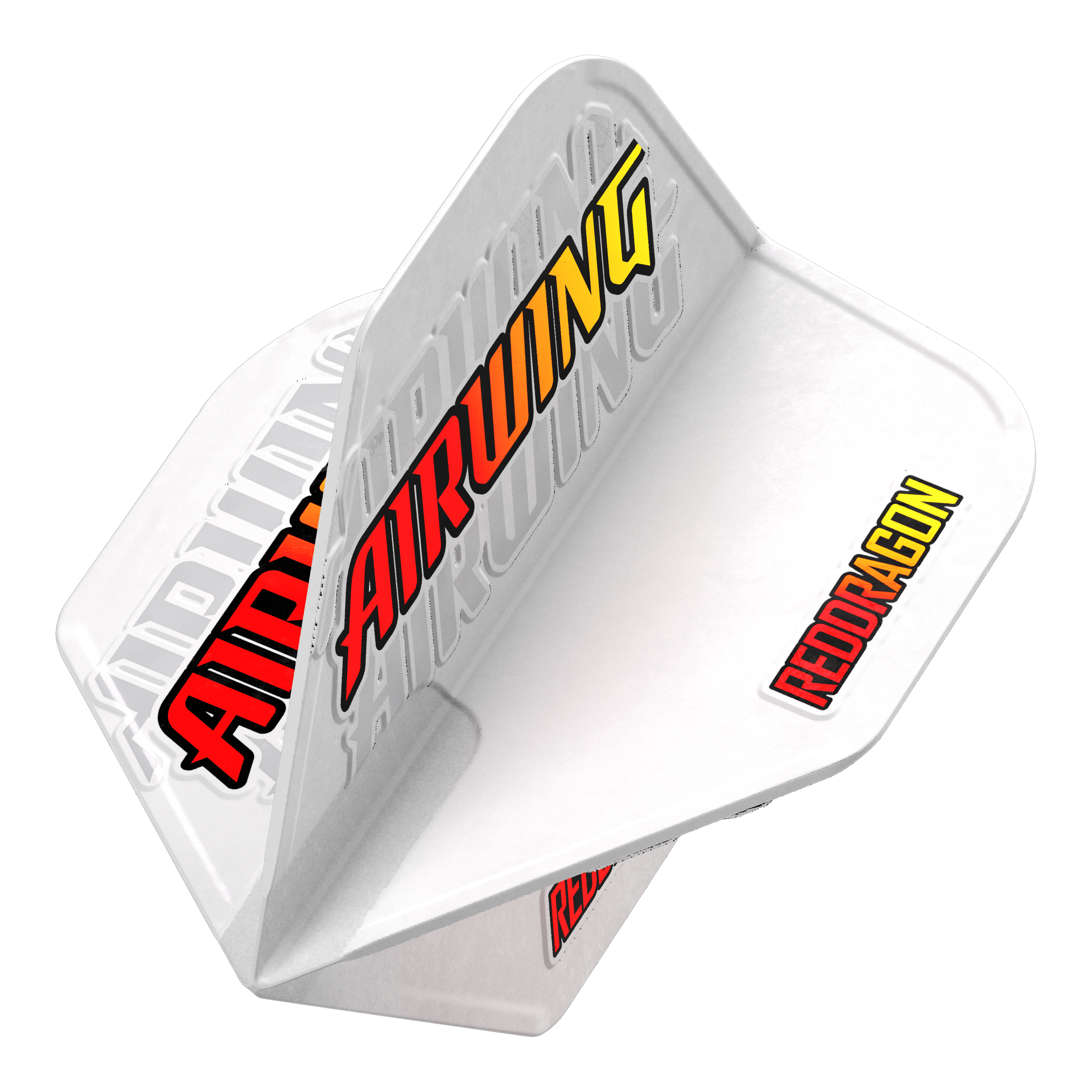 Red Dragon Airwing Red Logo Standaardvluchten Das Bild zeigt das Produkt "Red Dragon Airwing Red Logo Standard Flights" für Darts. Die Flights sind weiß mit den auffälligen Schriftzügen "AIRWING" und "REDDRAGON" in rot und gelb.