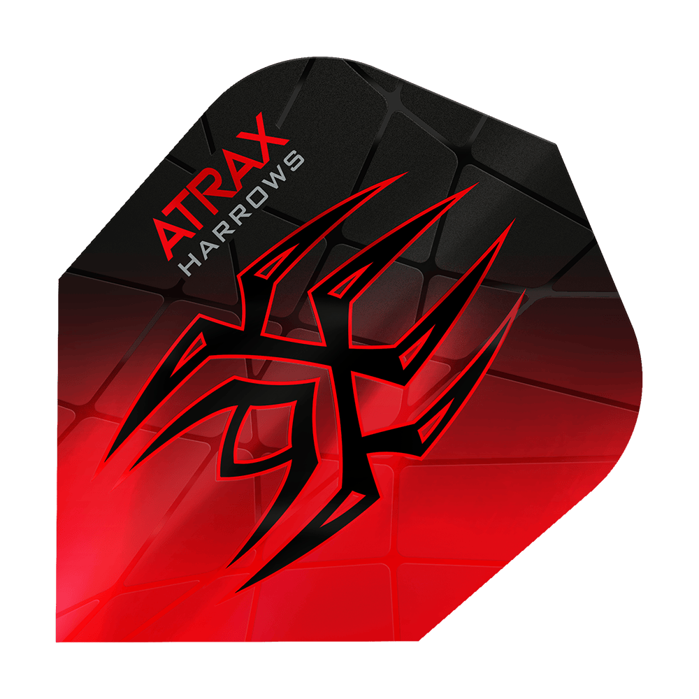 Harrow's Atrax Prime No6-vluchten Das Bild zeigt das Produkt "Harrows Atrax Prime No6 Flights" in rot und schwarz. Ein auffälliges Tribal-Muster und die Markenaufschrift sind auf der Dart-Flugfläche zu sehen.