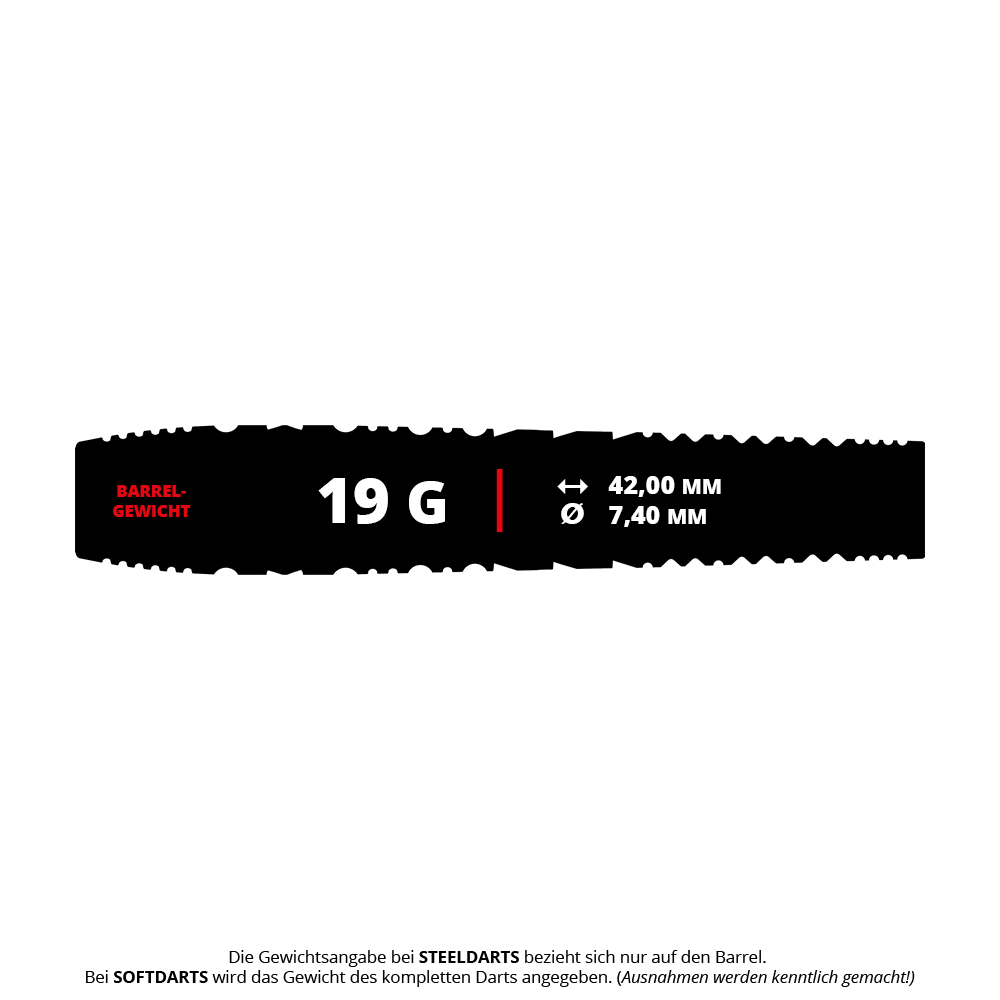 Target Japan Hot Shot GEN2 Soft Darts - 19g Das Bild zeigt die Spezifikationen der Target Japan Hot Shot GEN2 Softdarts mit einem Gewicht von 19 Gramm. Die Länge beträgt 42,00 mm und der Durchmesser 7,40 mm.