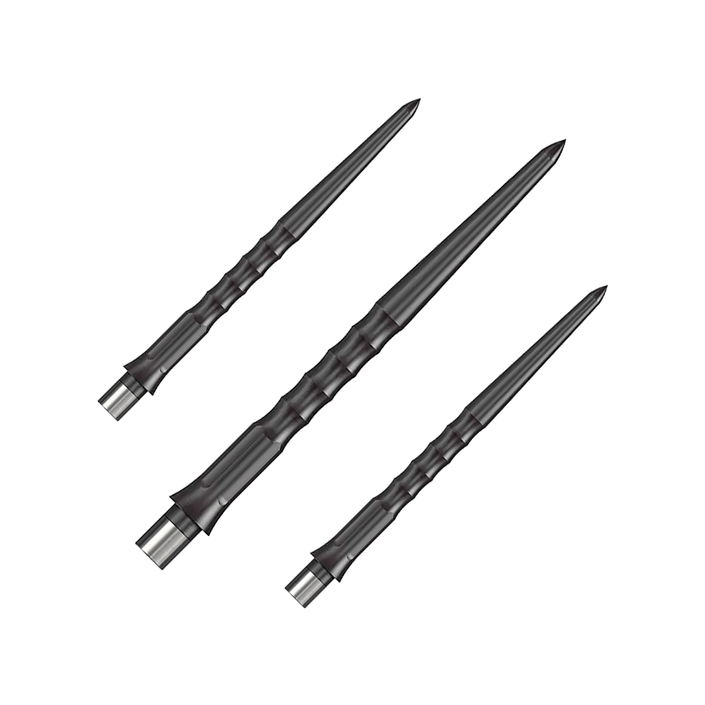 Das Bild zeigt drei schwarze Steeldartspitzen mit einer gerippten Oberfläche. Die Spitzen sind schlank und haben eine Länge von 32 mm.