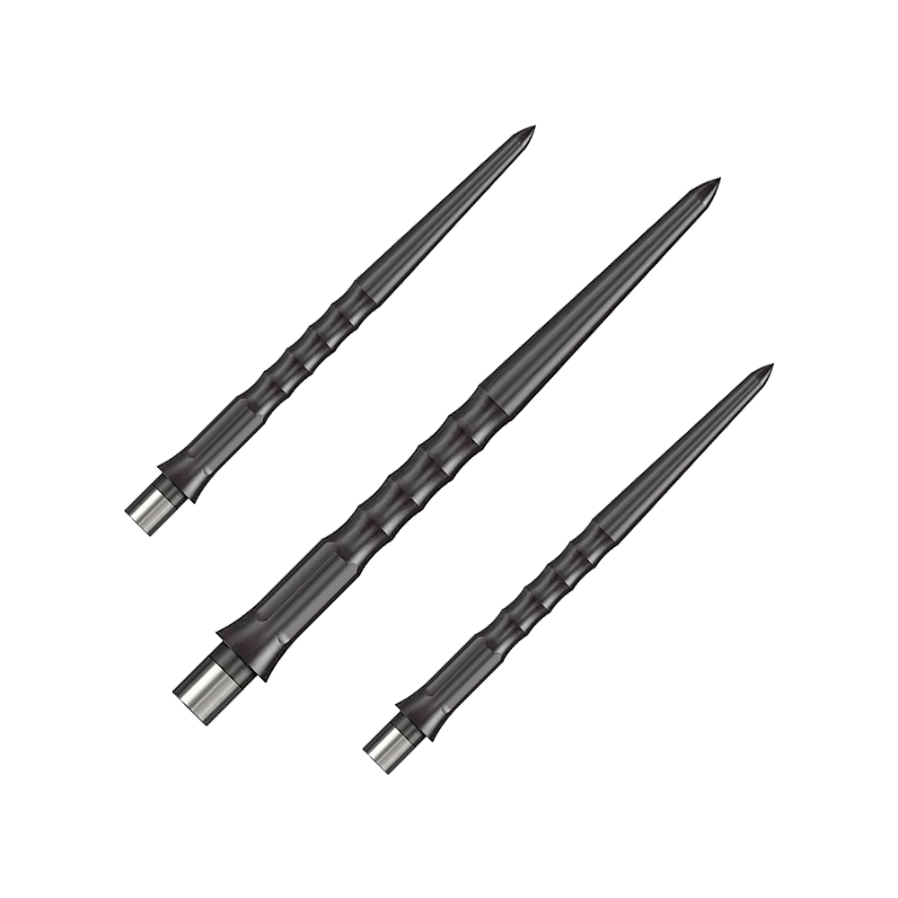 Caliburn System Steeldart Tips - Ripple - NoLip - Zwart Das Bild zeigt drei schwarze Steeldartspitzen mit einer gerippten Oberfläche. Die Spitzen sind schlank und haben eine Länge von 32 mm.