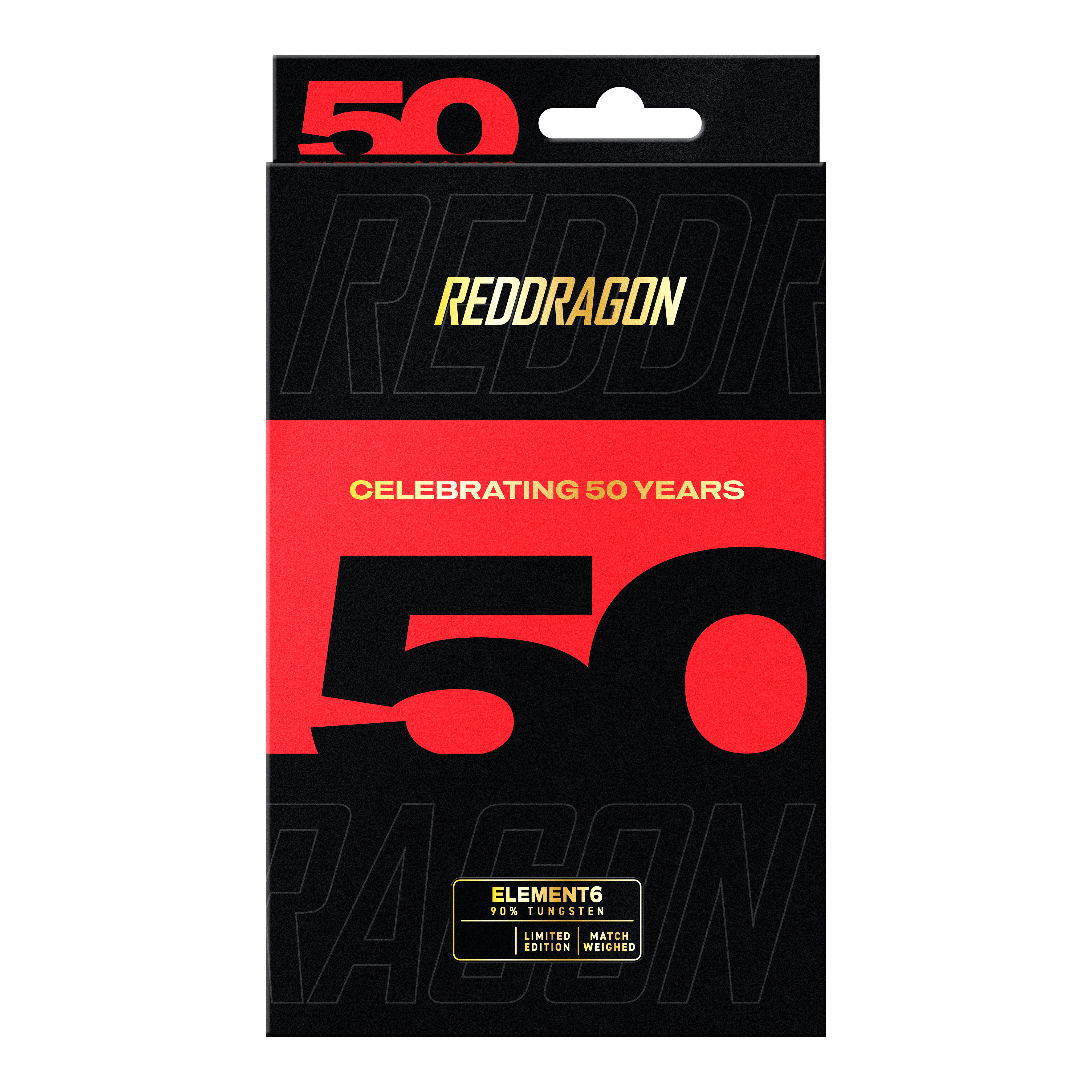 Die Red Dragon 50 Year Collection Element 6 B Steeldarts - 24g sind aus einer anderen Perspektive zu sehen. Man erkennt die besondere Form und Farbgebung der Darts.