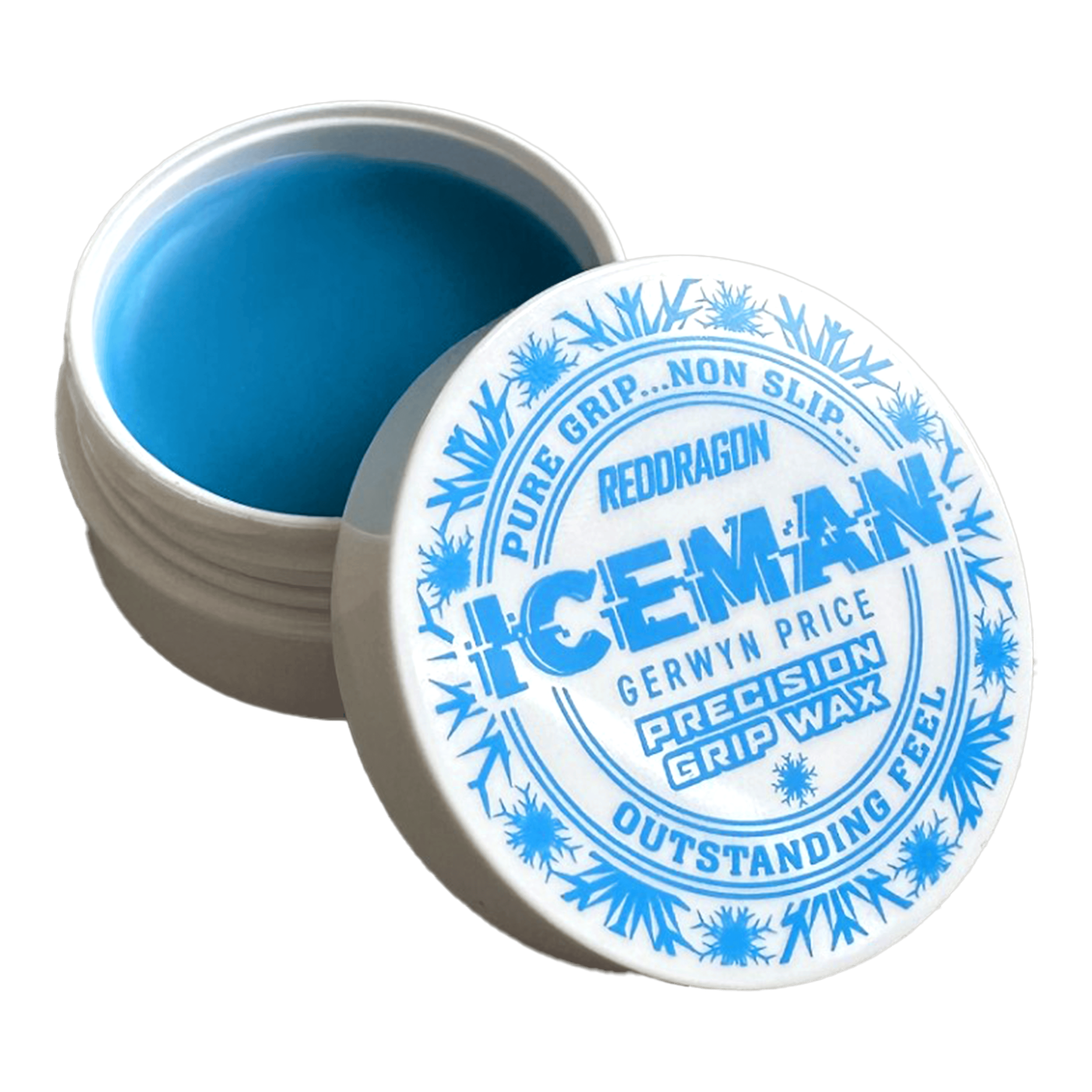 Red Dragon Gerwyn Price Iceman Precision Grip Wax vingerwas Das Bild zeigt ein offenes Döschen mit blauem Fingerwachs der Marke "Red Dragon Gerwyn Price Iceman Precision Grip Wax". Auf dem Deckel steht in blauer Schrift, dass das Produkt für reinen Halt, Rutschfestigkeit und hervorragendes Gefühl sorgt.