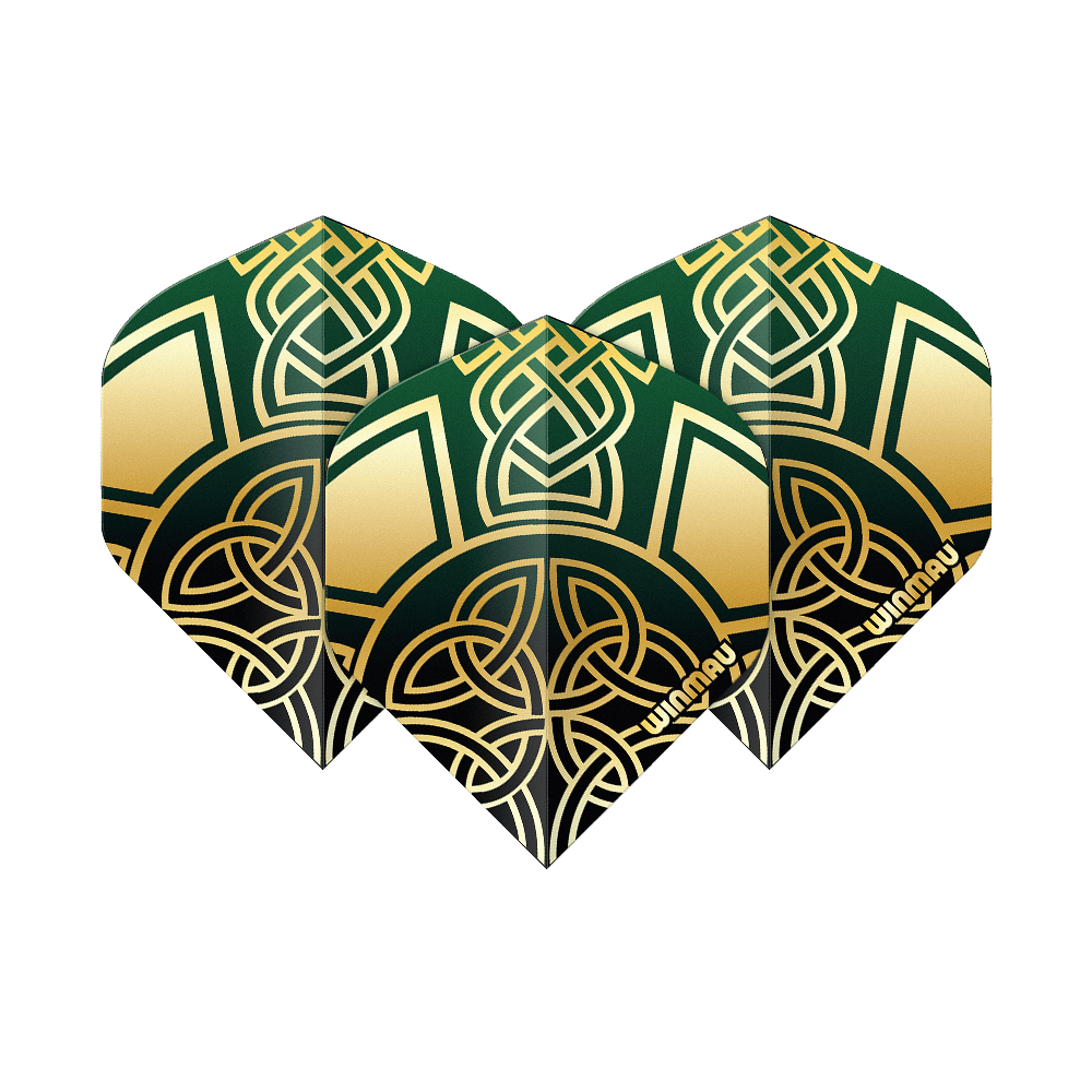 Zu sehen sind die Winmau Prism Delta Brendan Dolan Celtic Knot Black Gold No2 Standard Flights. Diese Darts-Flights haben ein schwarzes und goldenes keltisches Knoten-Design.