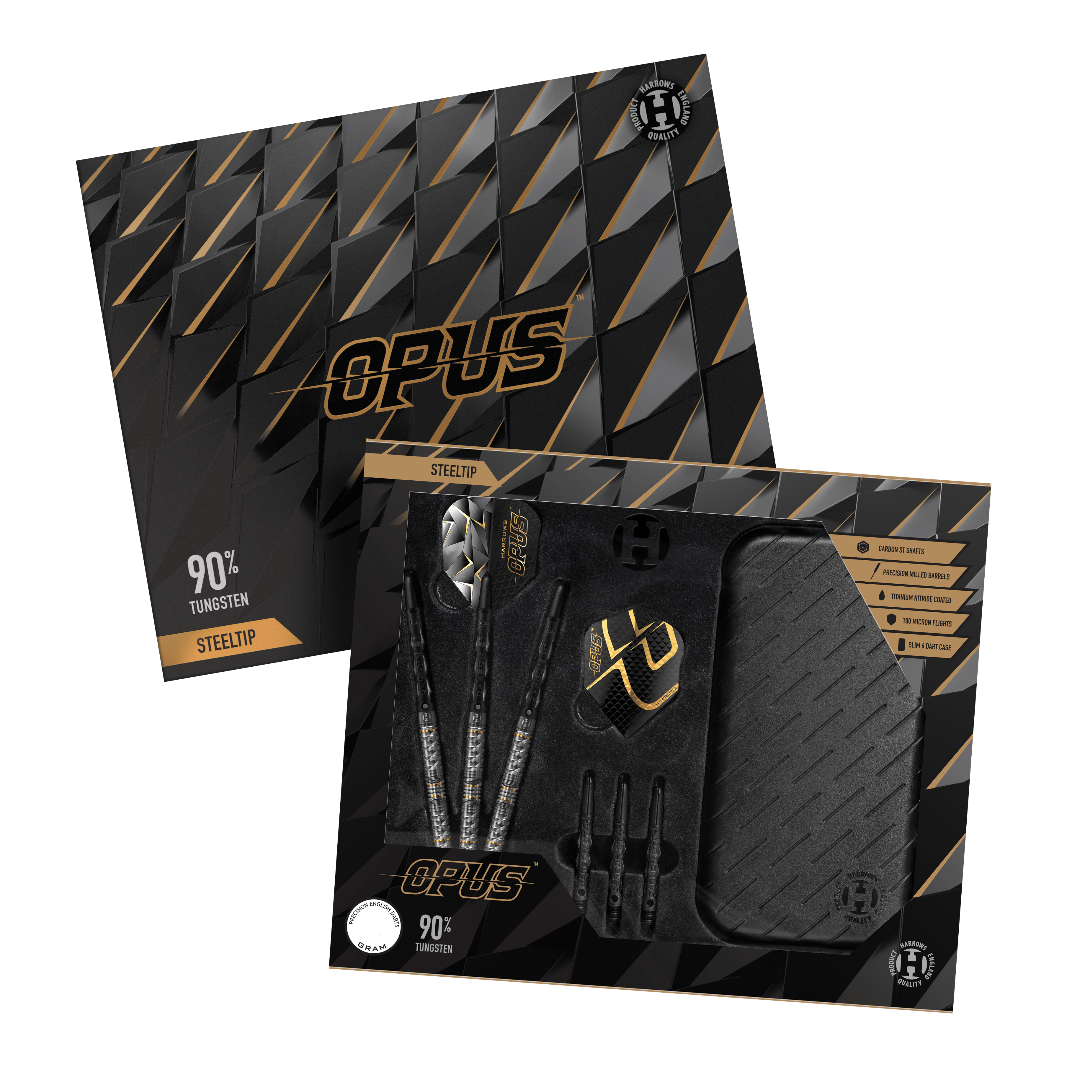 Harrow's Opus Quick Point stalen dartpijlen Harrows Opus Quick Point Steeldarts - 23g. Es werden drei Steeldarts mit 23 Gramm aus der Harrows Opus Reihe dargestellt.