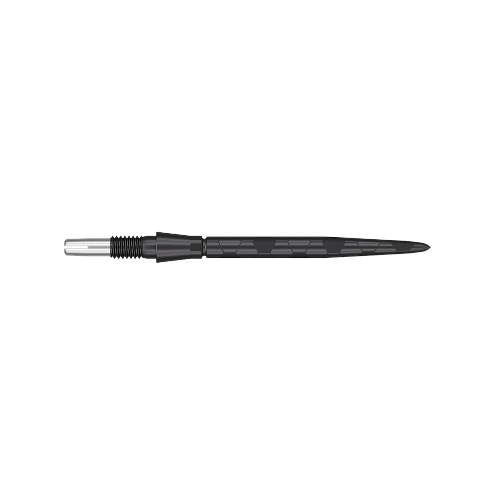 Das Bild zeigt eine schwarze Dartspitze mit einem strukturierten Griffbereich. Sie ist schmal und etwa 30 mm lang.