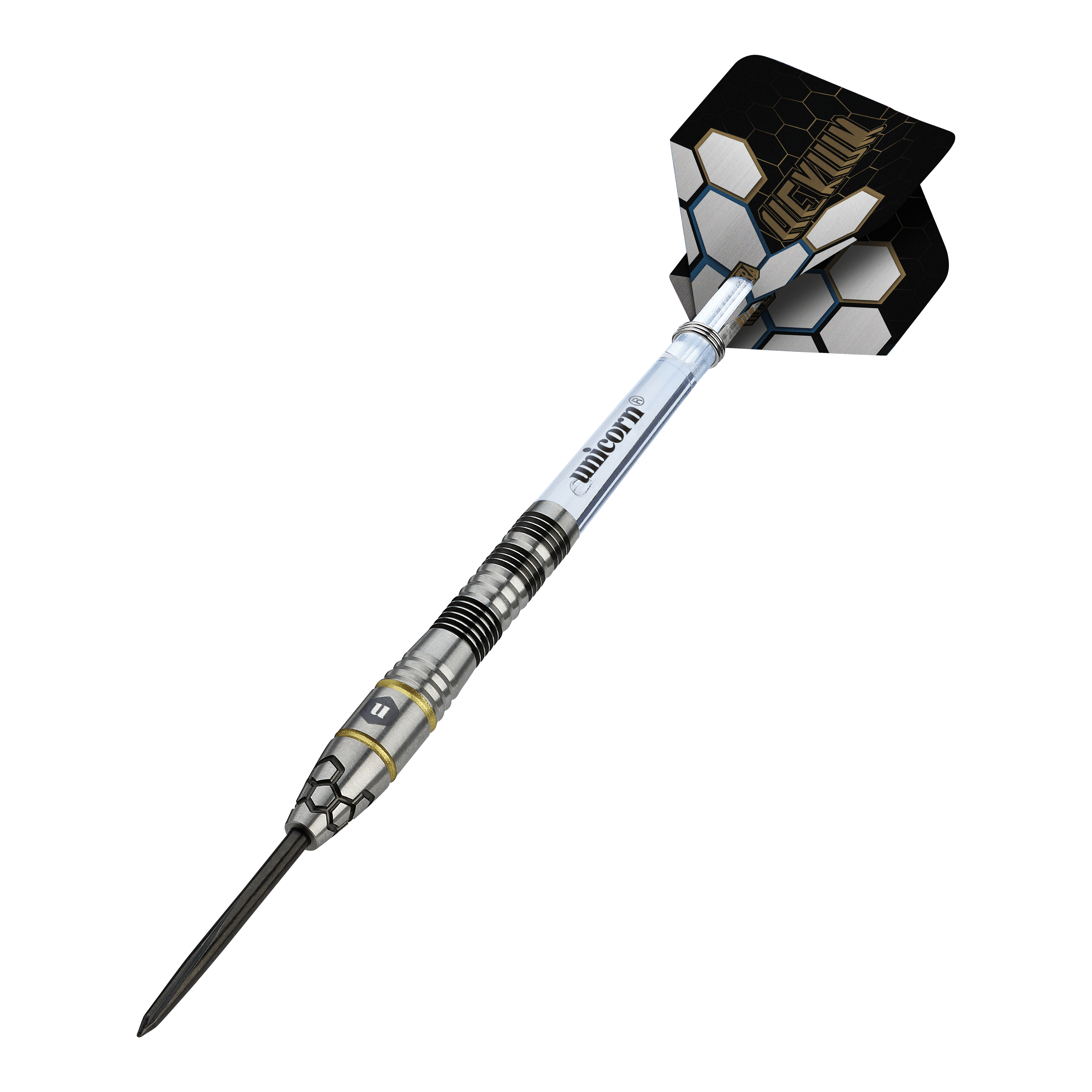 Unicorn Hexium Style 01 Zwart & Goud Steeldarts Hier sieht man die Unicorn Hexium Style 01 Black & Gold Steeldarts. Die Darts haben eine Kombination aus schwarzen und goldenen Elementen.