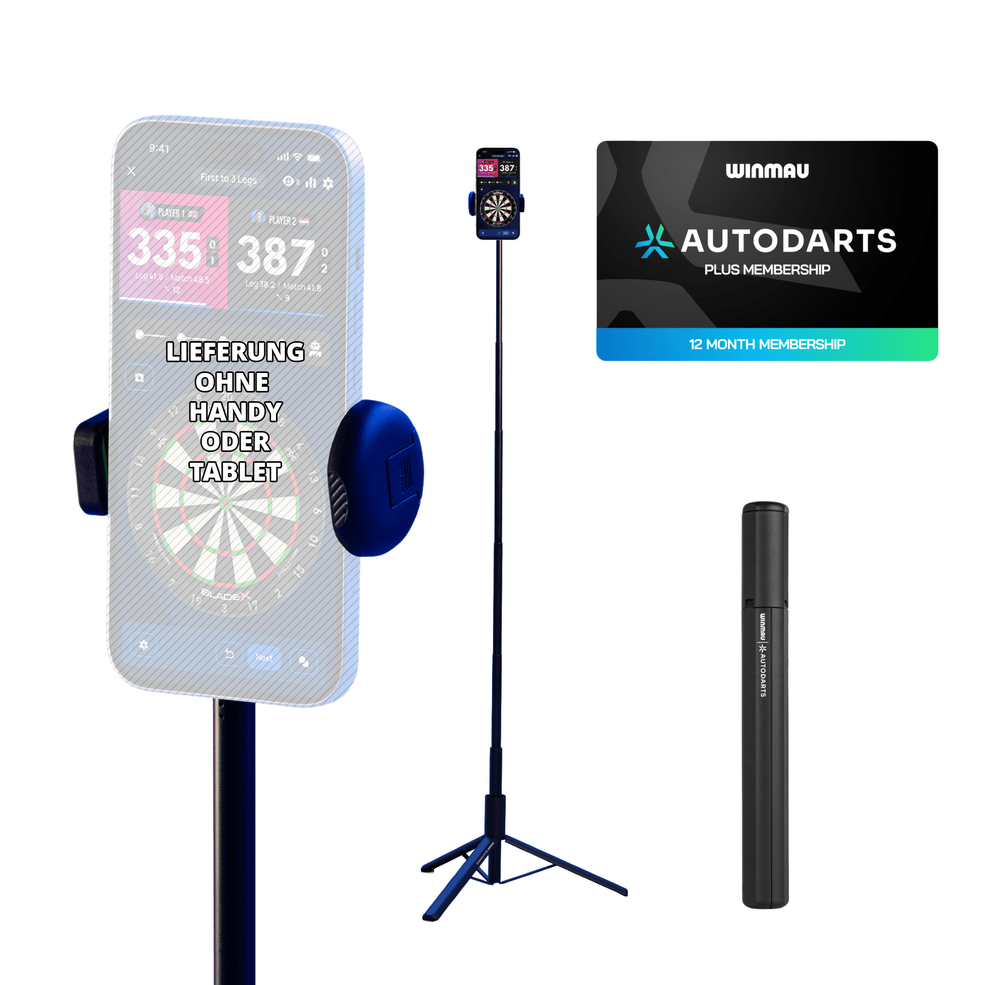 Winmau Autodarts apparaatstandaard & 12 maanden lidmaatschap bundel Zu sehen ist das Winmau Device Stand & 12 Monate Membership Bundle. Das Set umfasst einen stabilen Geräteständer und eine 12-monatige Mitgliedschaft.