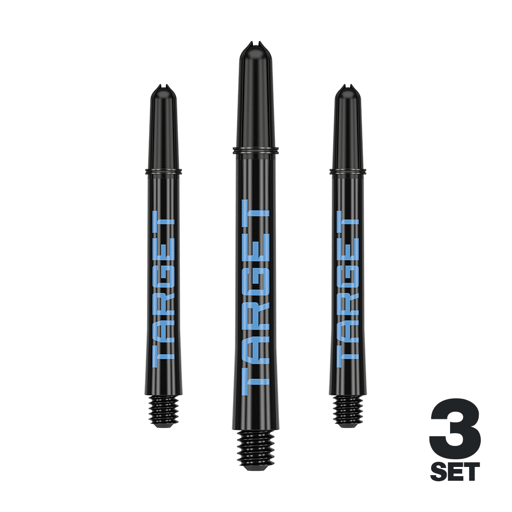 Target Pro Grip TAG Shafts - 3 sets - Zwartblauw Das Bild zeigt drei schwarze Dartschäfte mit blauer "TARGET"-Aufschrift. In der rechten unteren Ecke steht "3 SET".