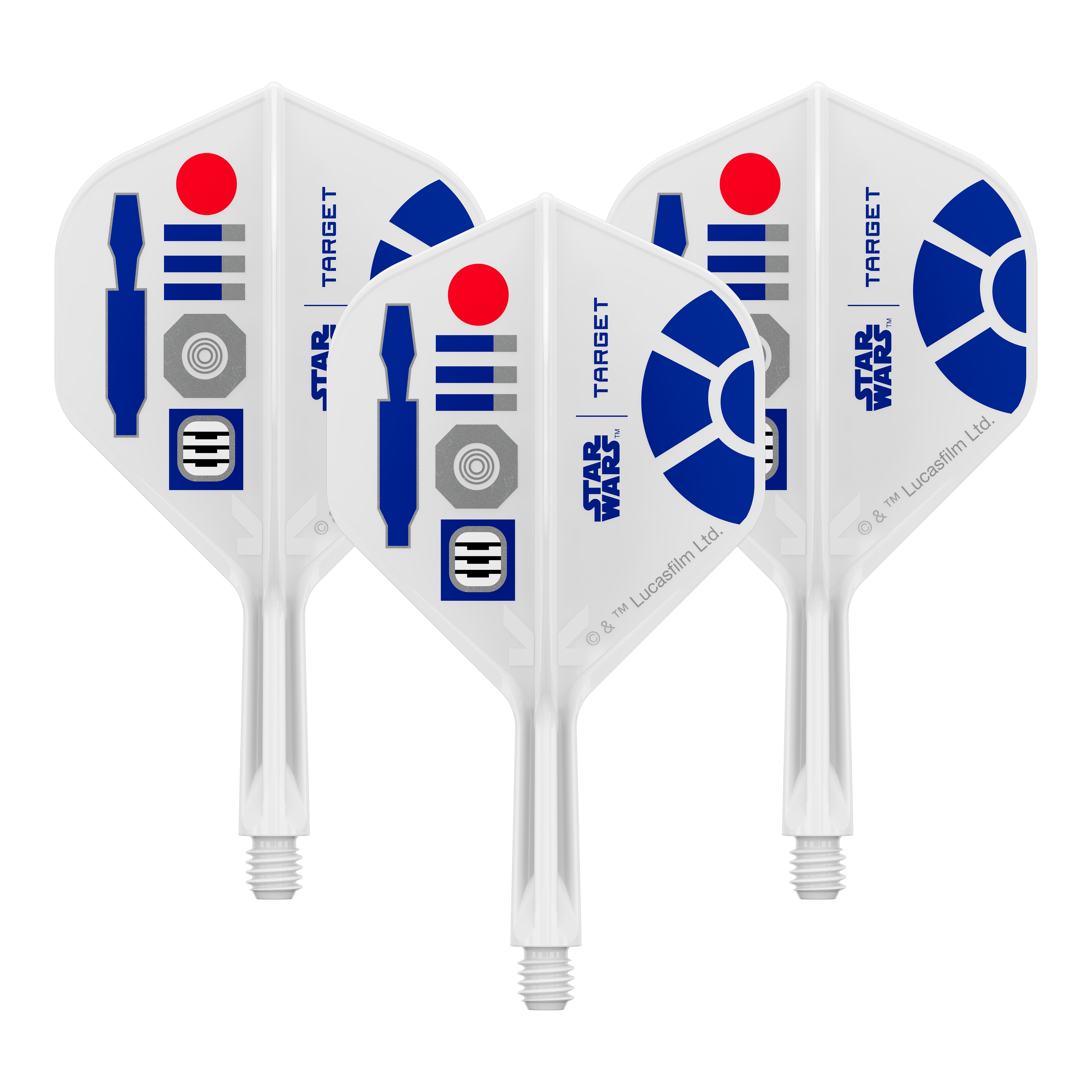 Target Star Wars K-Flex R2D2 No2 Standaardvluchten Bild eines Dart-Zubehörteils, vermutlich Dart Flights. Das Produkt ist anhand des Dateinamens als Target Star Wars KFlex R2D2 No2 Standard Flights Short 19mm erkennbar.