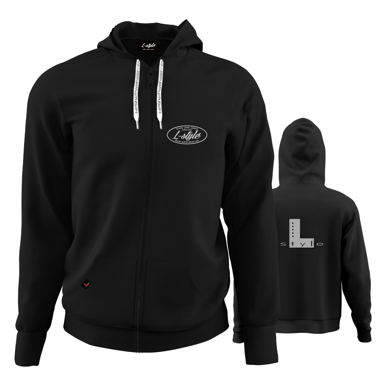 L-Style hoodie - zwart Der "L-Style Hoodie - Schwarz" ist ein schwarzer Kapuzenpulli mit Reißverschluss und weißen Kordeln. Auf der Vorderseite befindet sich ein kleines "L-Style"-Logo, während auf der Rückseite ein großes "L style"-Design zu sehen ist.