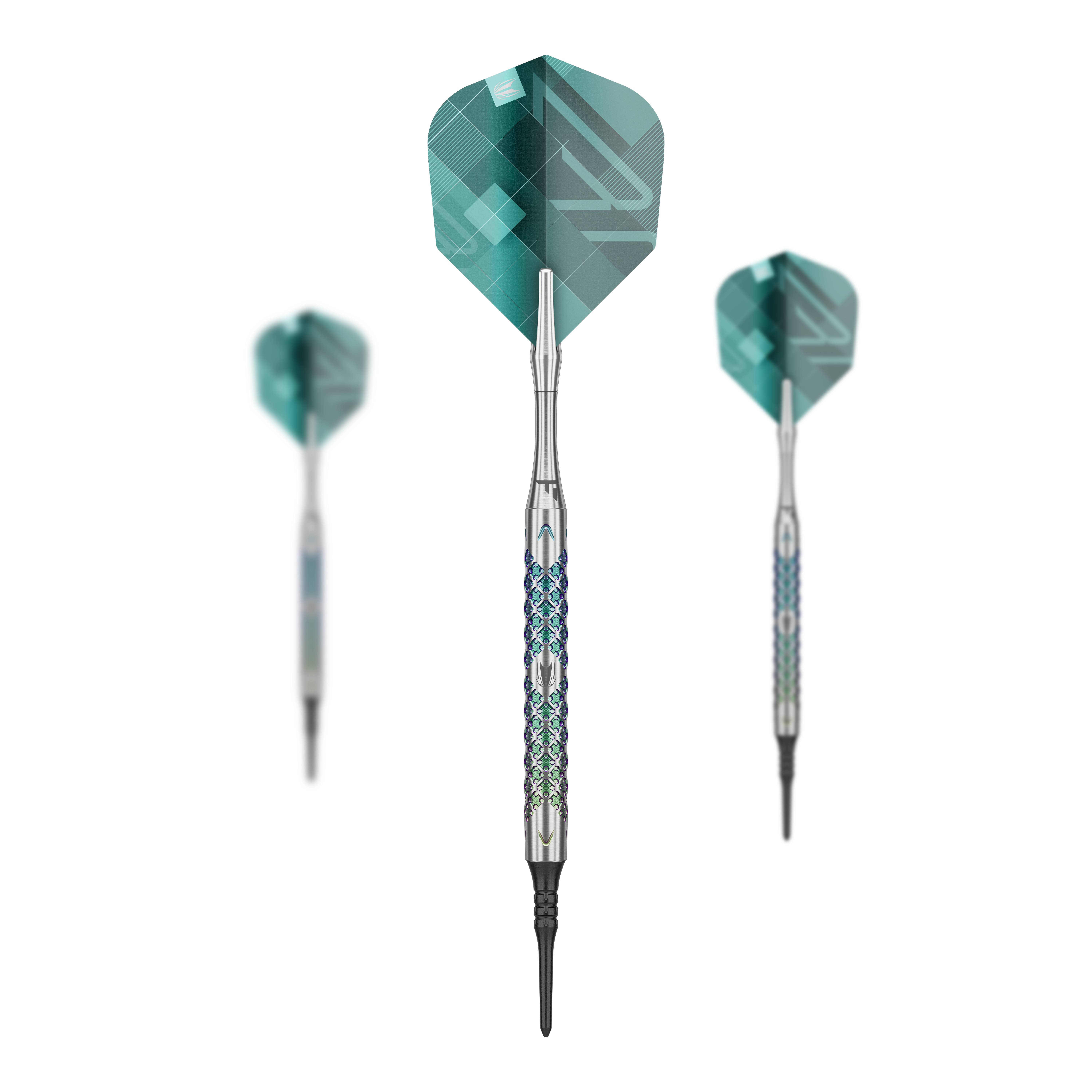 Target Rove 10 zachte darts Das Bild zeigt drei Softdarts des Modells "Target Rove 10" mit silbernen Schäften und grünen Flights. Die Darts sind elegant gestaltet und stehen vor einem schwarzen Hintergrund.