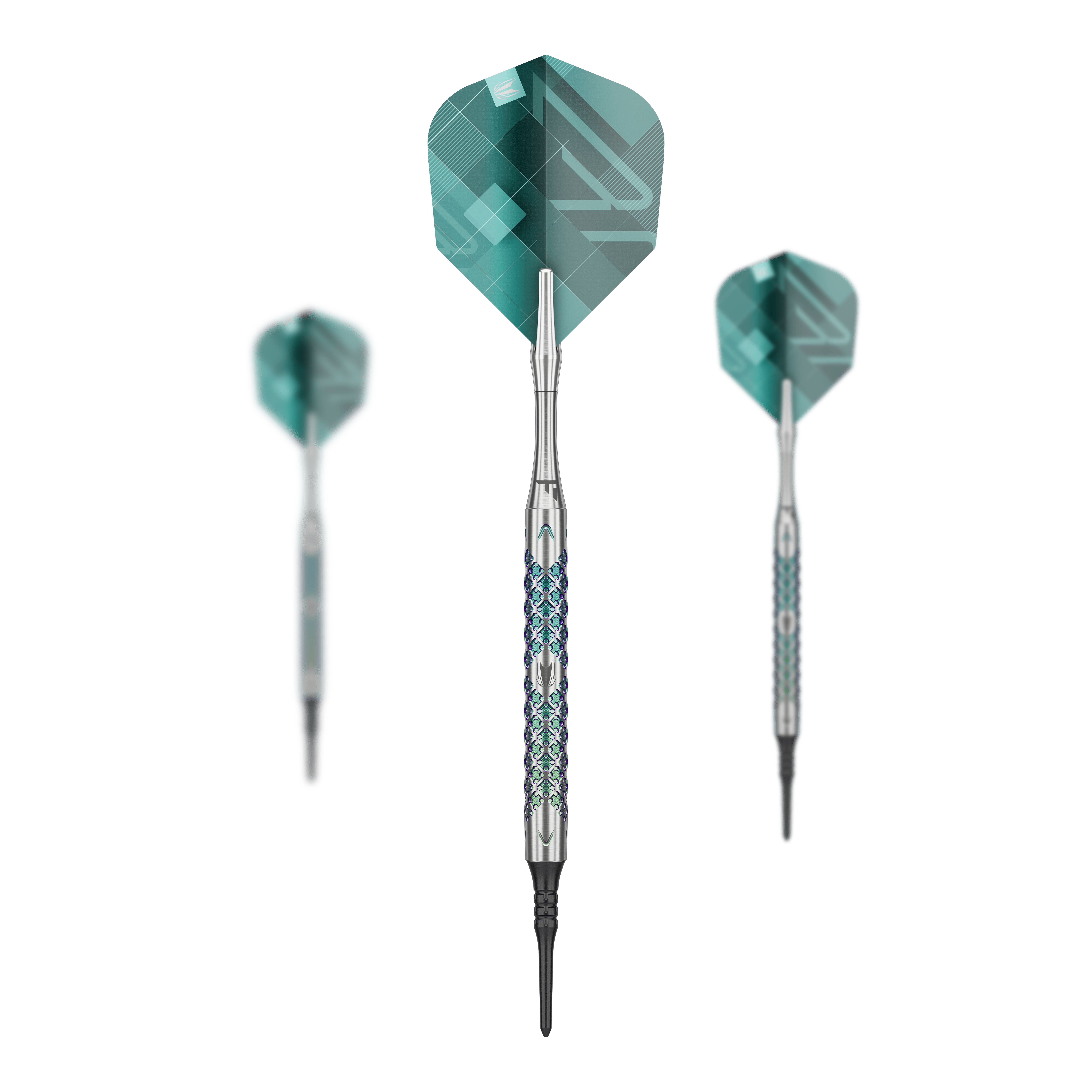 Target Rove 10 zachte darts Das Set Target Rove 10 Softdarts zeigt mehrere Darts zusammen. Die Produkte sind gleichmäßig angeordnet.