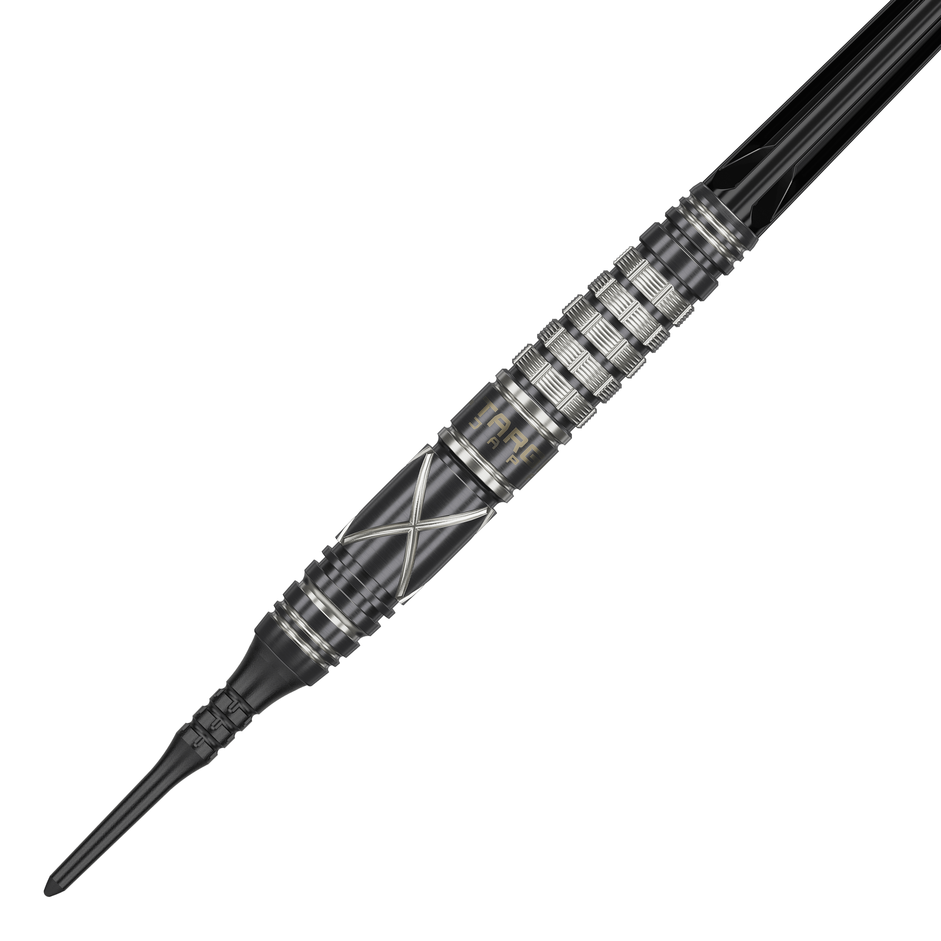 Target Japan Black Marque Chaos 2 Soft Darts - 19g Auf dem Bild ist ein Softdart der Marke "Target Japan Black Marque Chaos 2" mit 19g Gewicht zu sehen. Der Dartpfeil hat ein schwarzes Design mit silbernen Akzenten und einer geriffelten Griffzone.