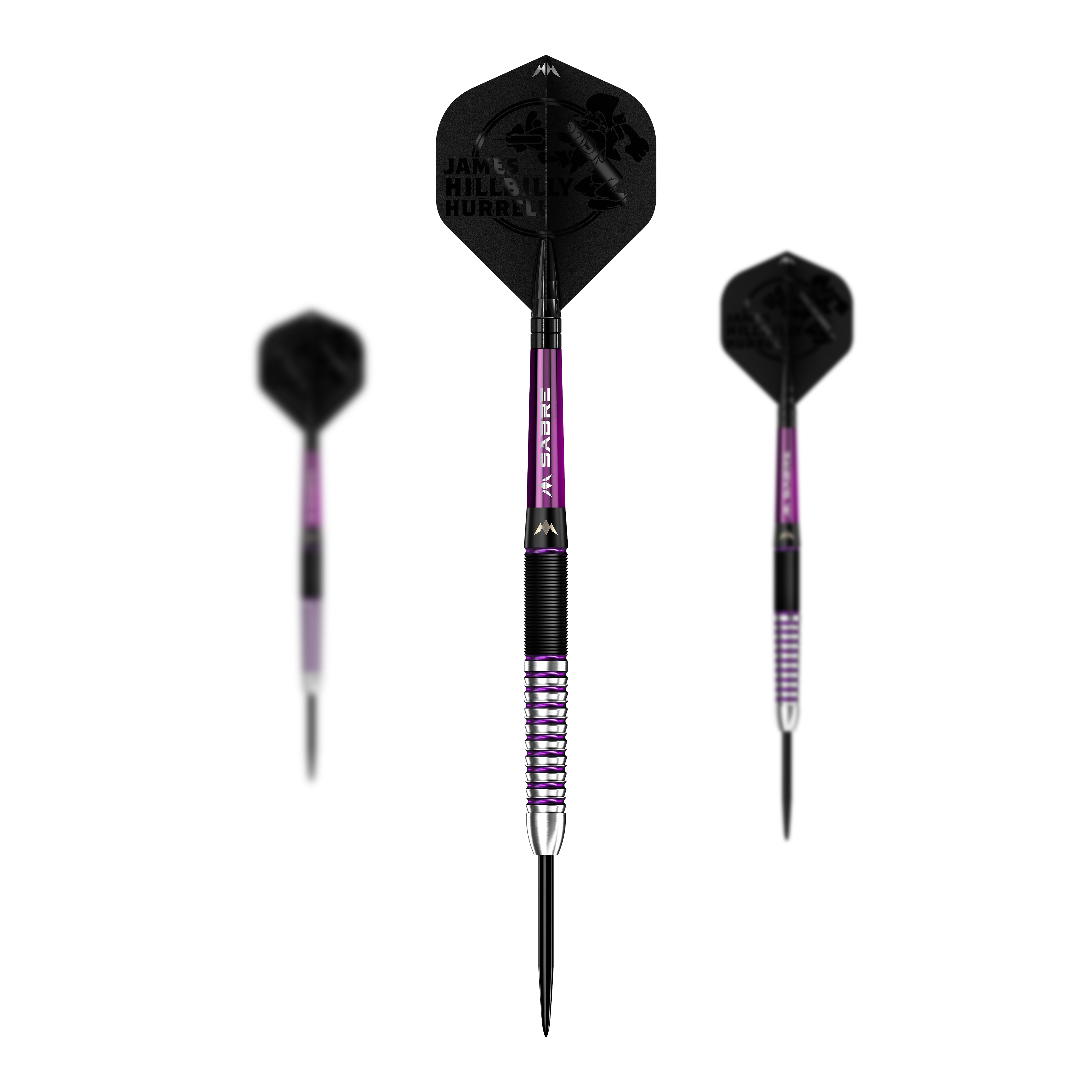 Mission James Hurrell Hillbilly Zwart Paars Steel Darts Das Bild zeigt drei Steeldarts des Produkts "Mission James Hurrell Hillbilly Black Purple". Die Darts haben ein schwarz-lilanes Design mit silbernen Akzenten und schwarzen Flights.