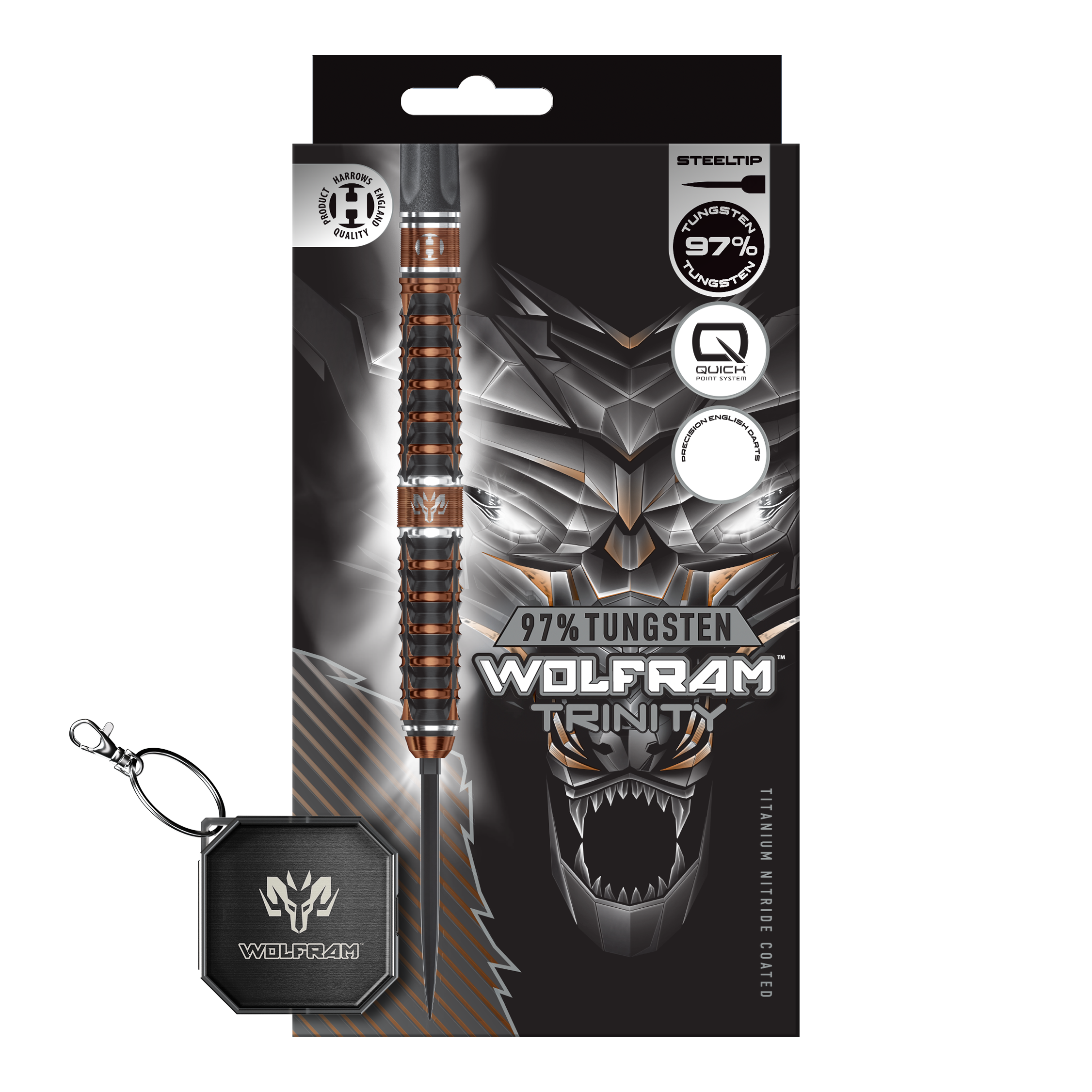 Zu sehen sind die Harrows Wolfram Trinity Quick Point Steeldarts. Sie eignen sich ideal für professionelle Dartspieler.