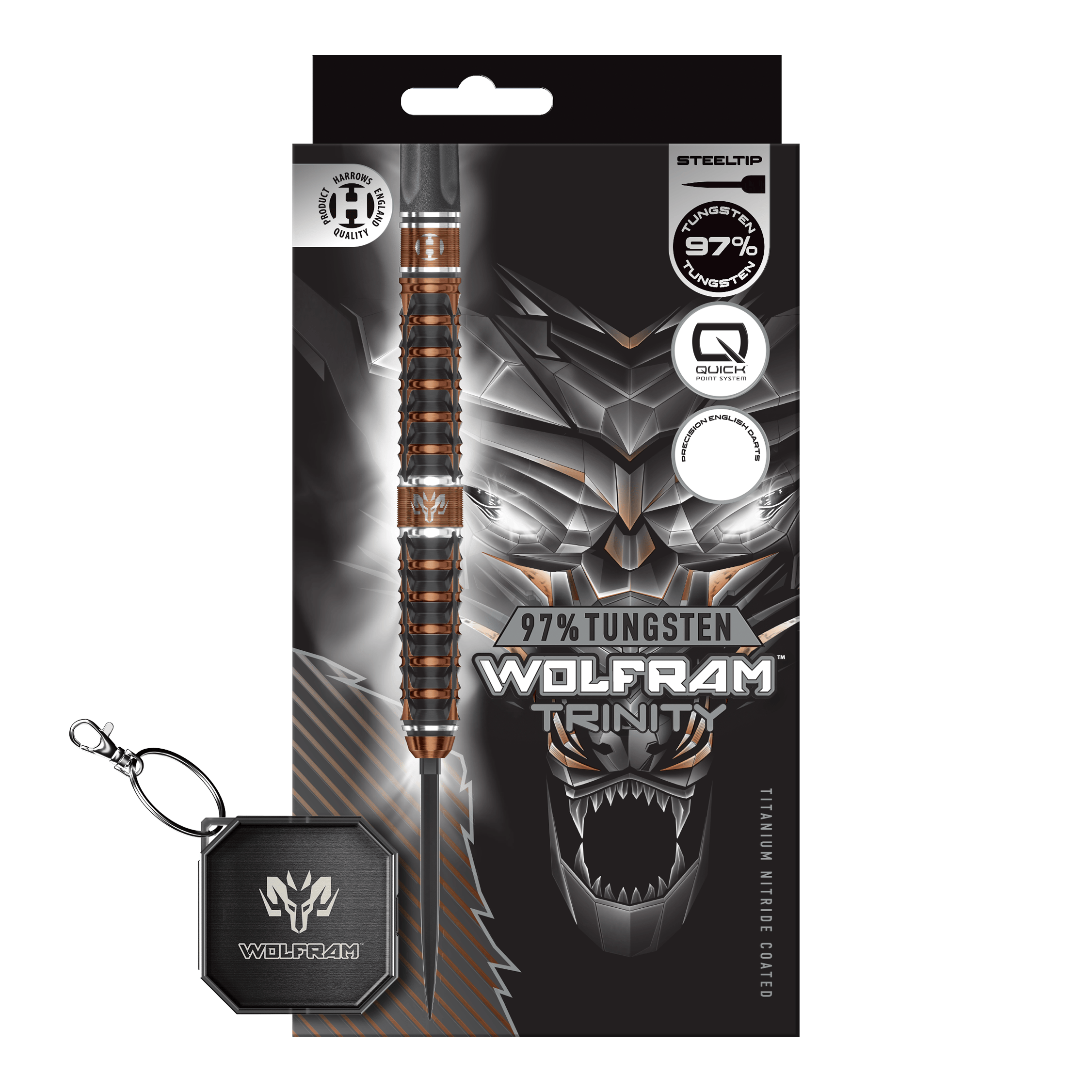 Harrows Tungsten Trinity Quick Point stalen dartpijlen Zu sehen sind die Harrows Wolfram Trinity Quick Point Steeldarts. Sie eignen sich ideal für professionelle Dartspieler.
